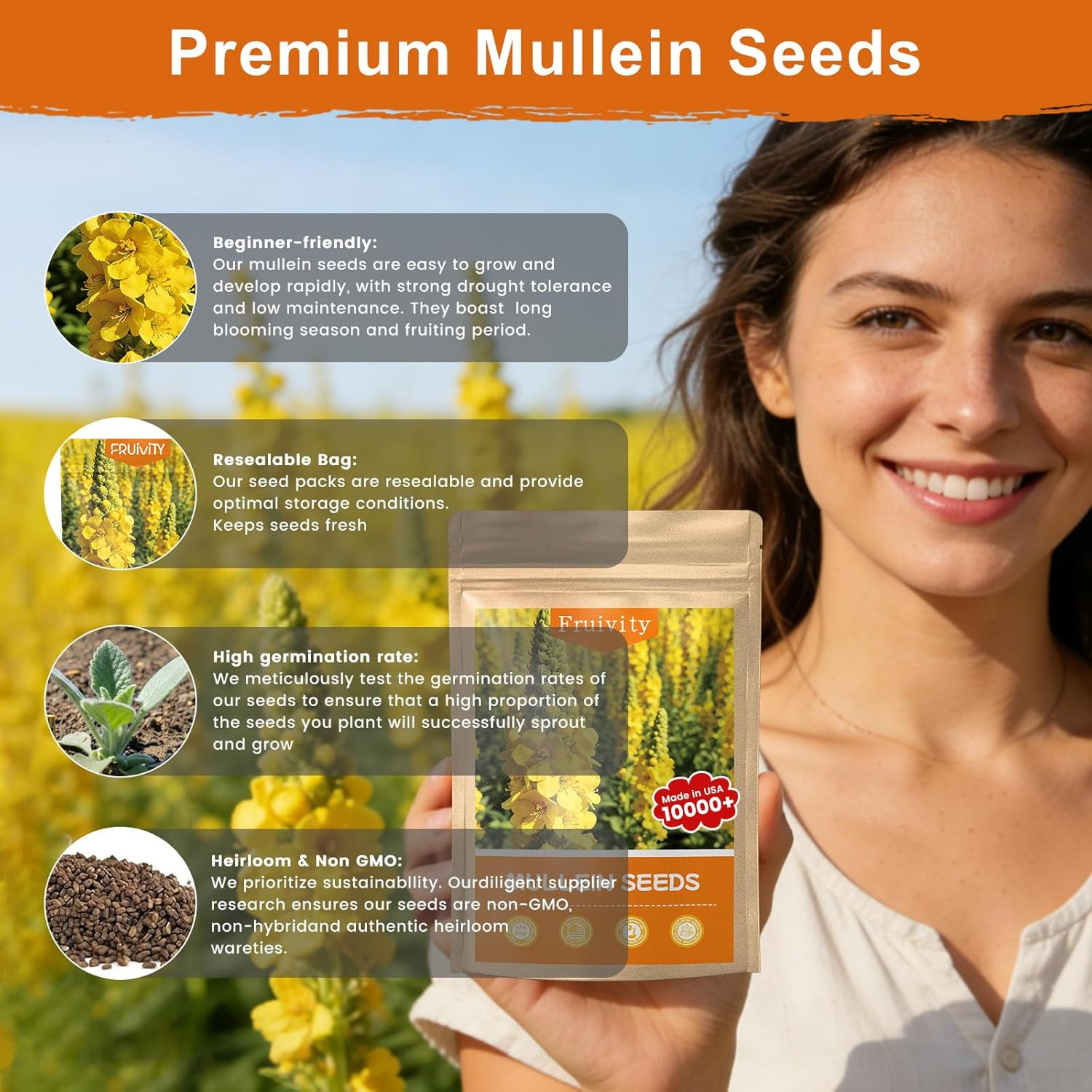 10,000+ Mullein Seeds for Planting(Verbascum Thapsus), Organic Heirloom Flower S