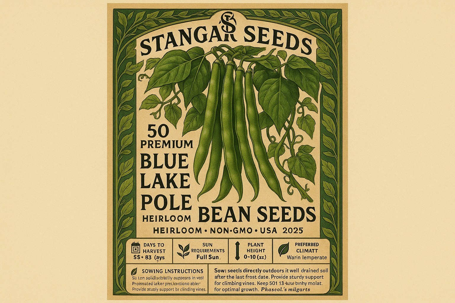 50+ Premium Blue Lake Pole Bean Seeds – Heirloom non-GMO 2026
