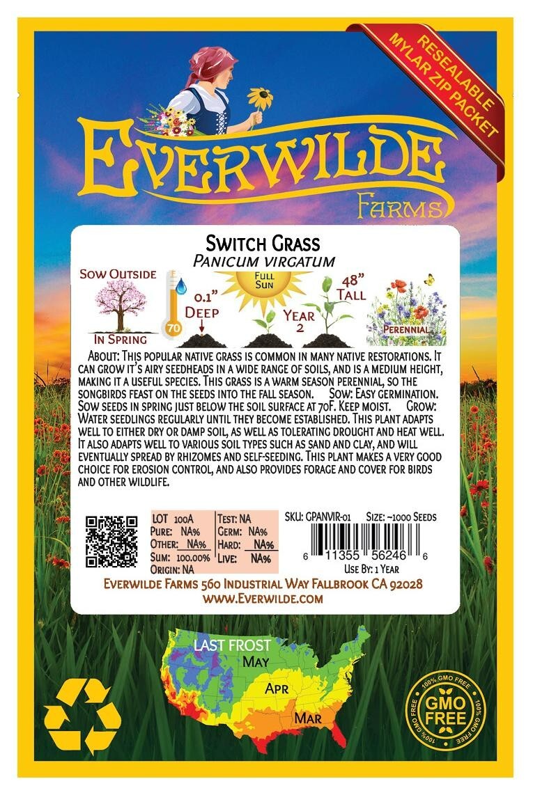 1000 Switch Grass Native Grass Seeds – Everwilde Farms Mylar Seed Packet