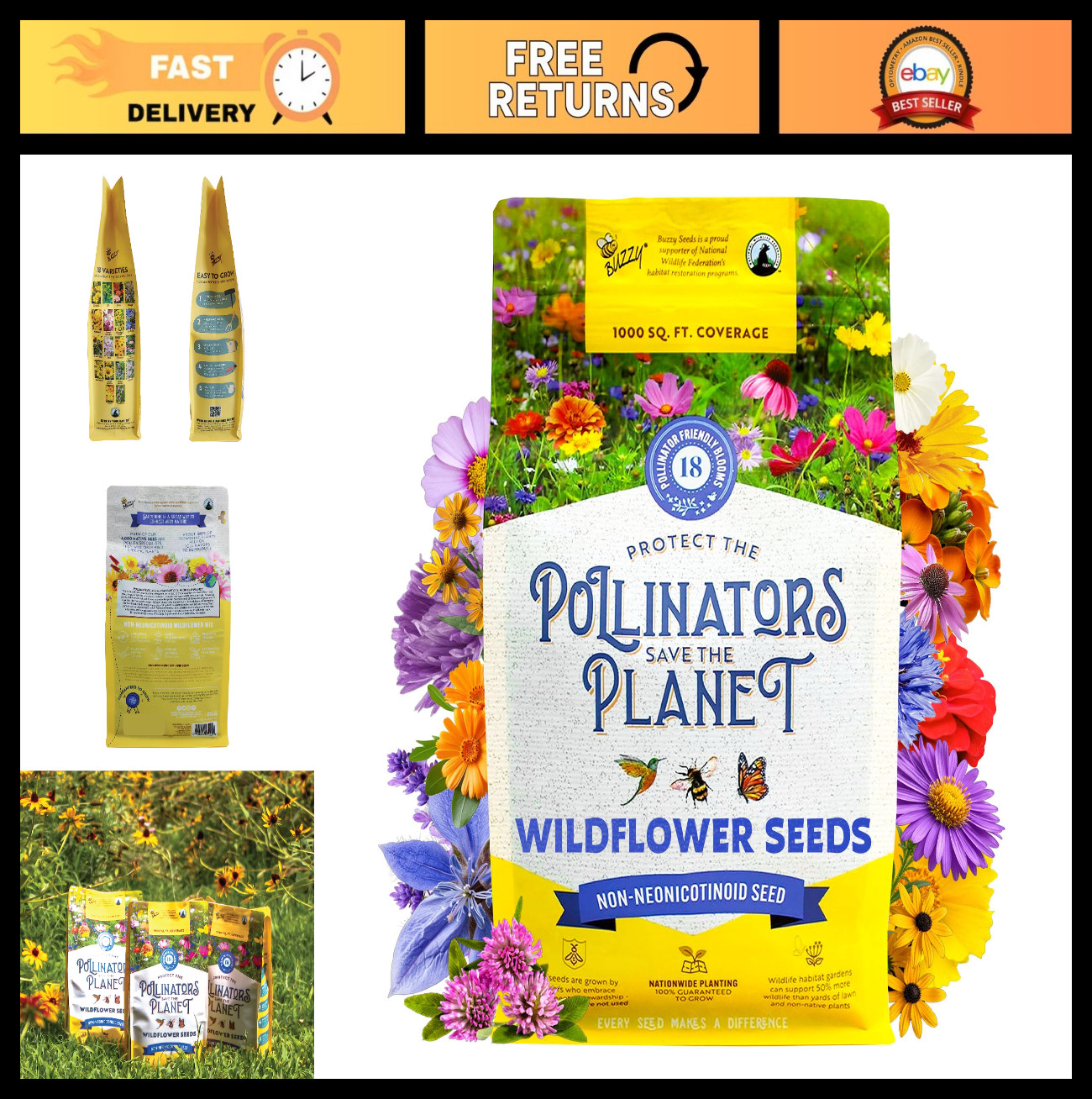 Wildflower Pollinator Seed Mix 1lb – 18 Varieties, Eco-Friendly, Attract Bees &