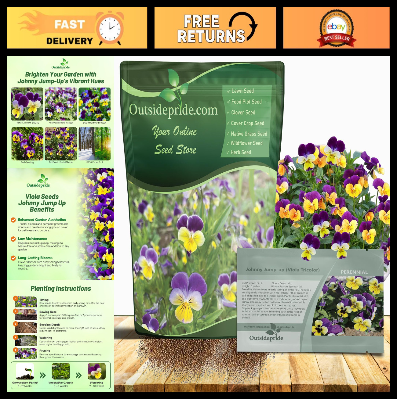 Easy-to-Grow Johnny Jump Up Viola Seeds – 1/2 lb Hardy Perennial for Gardens, Po