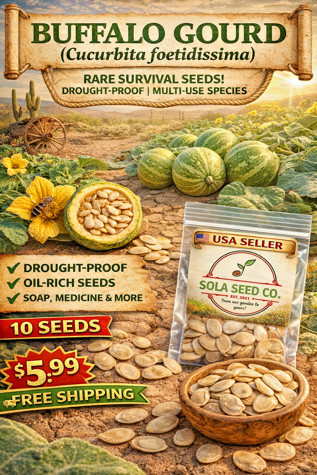 Buffalo Gourd Seeds 10ct Cucurbita foetidissima Rare Native Oil Plant Non-GMO