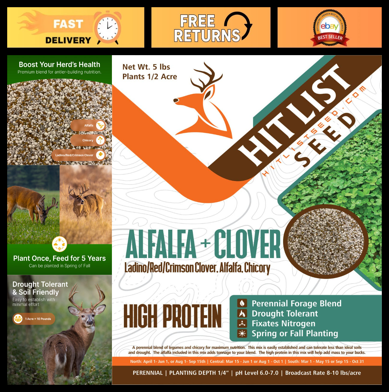 Premium Alfalfa & Clover Food Plot Seeds for Deer – Perennial Mix, 5 lbs – Sprin
