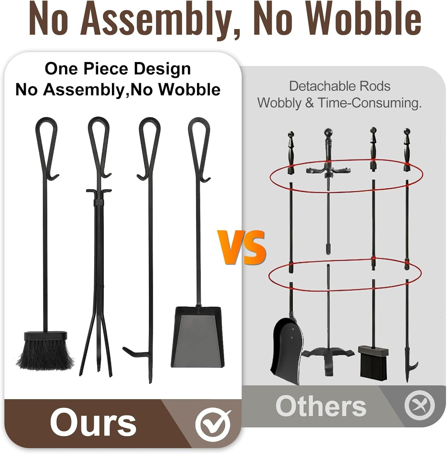 5 Pieces Fireplace Tools Set Heavy Duty Black Cast Wrought Iron Tool Set with Lo