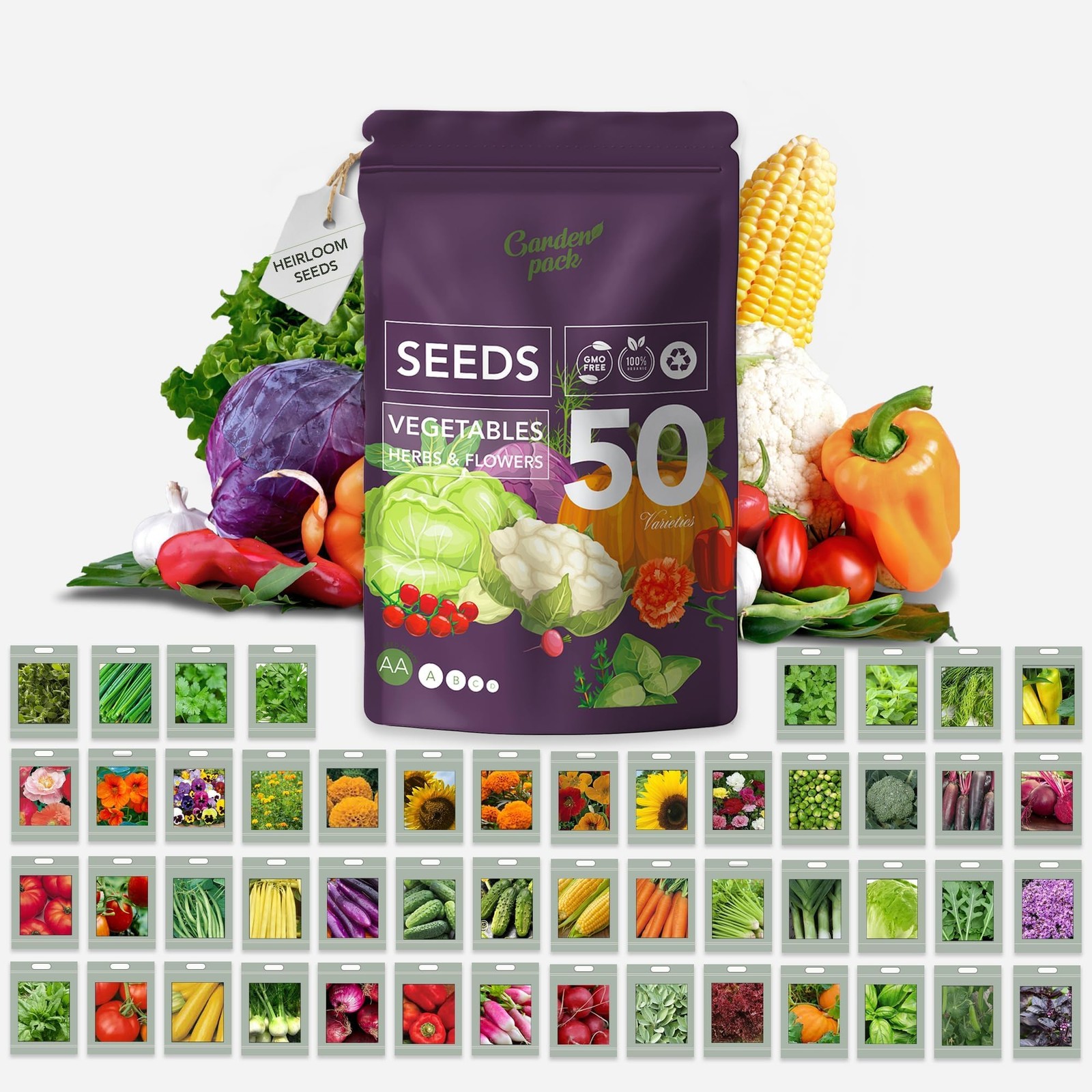 Vegetable Seeds Pouch – 50 Varieties of Vegetable, Herb & Flower Seeds for Pl…