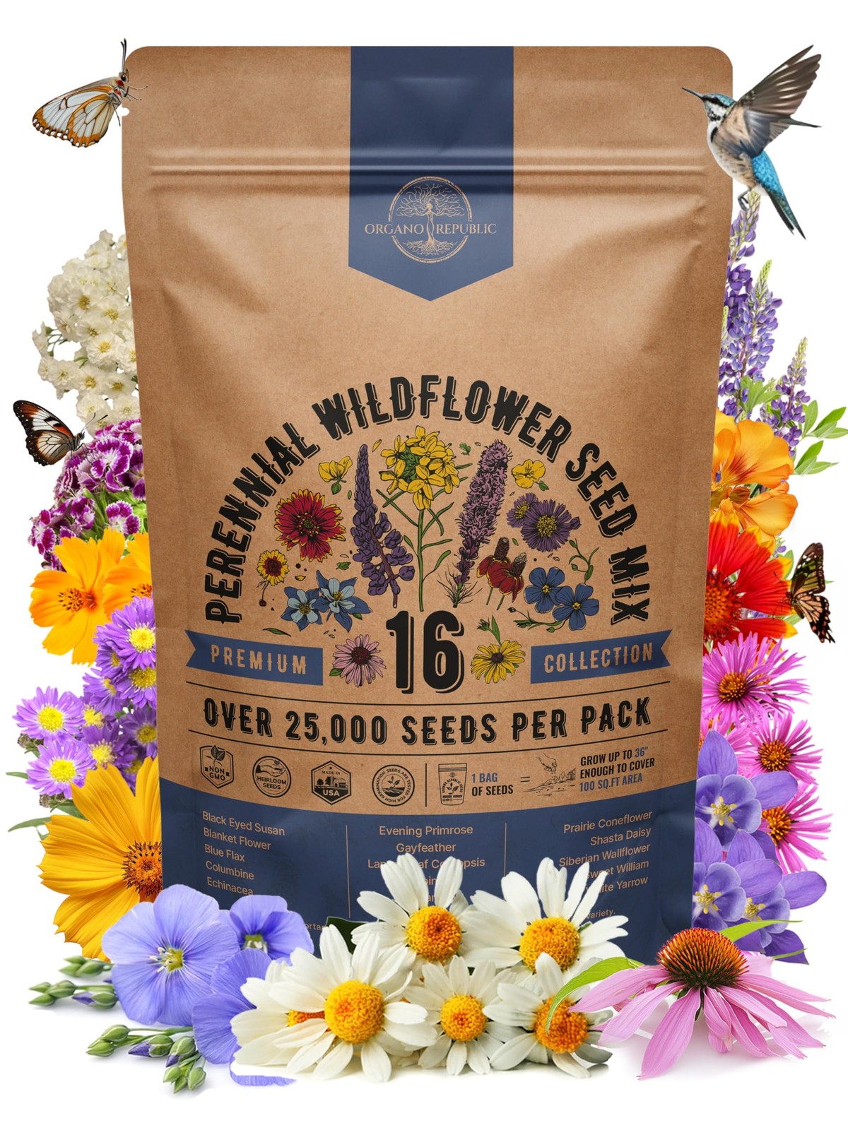Organo Republic 16 Perennial Wildflower Seeds Mix for Indoor & Outdoors 25,000+