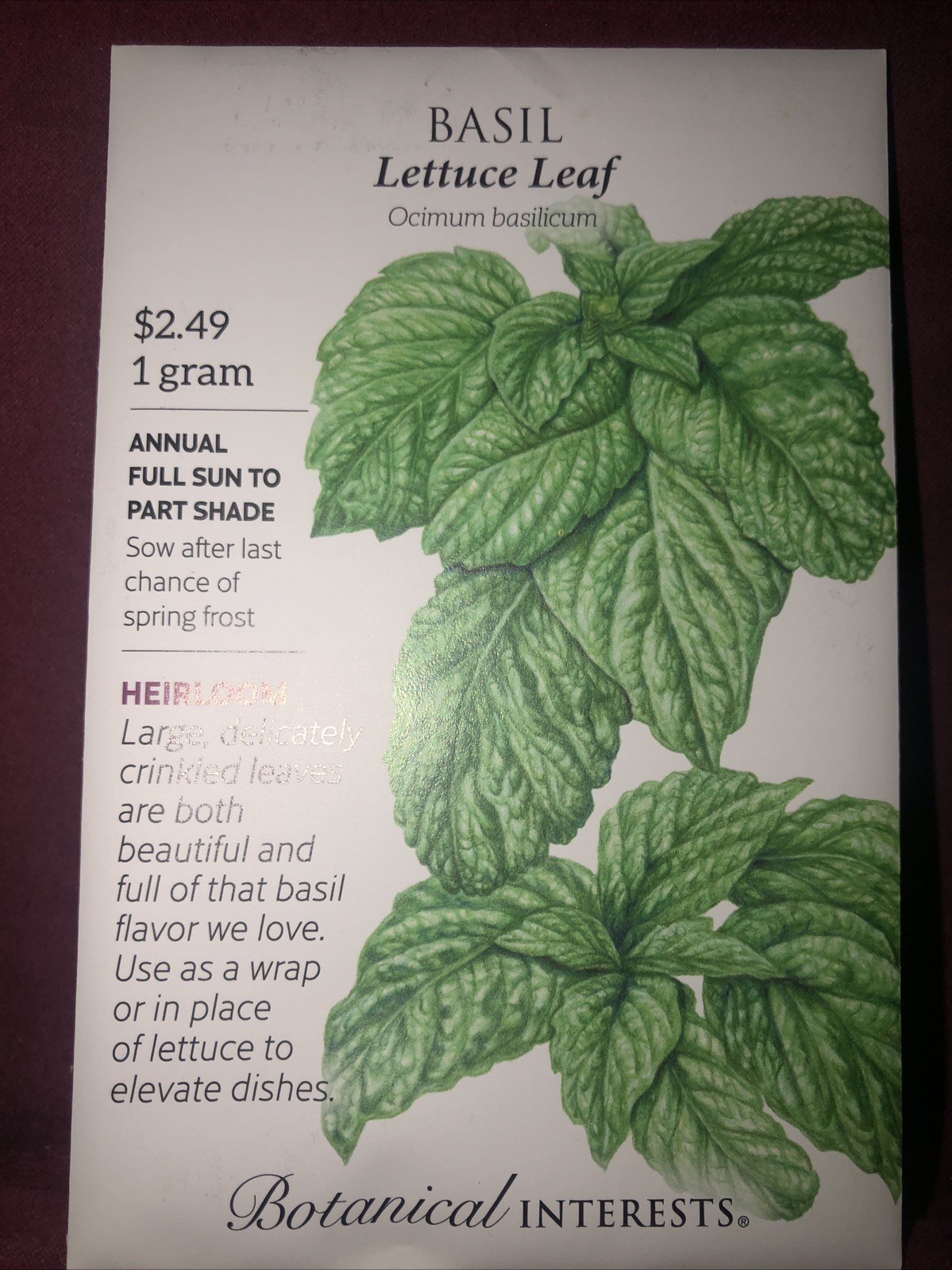 Basil Lettuce Leaf Herb Heirloom Seeds Botanical Interests Exp. 12/2024