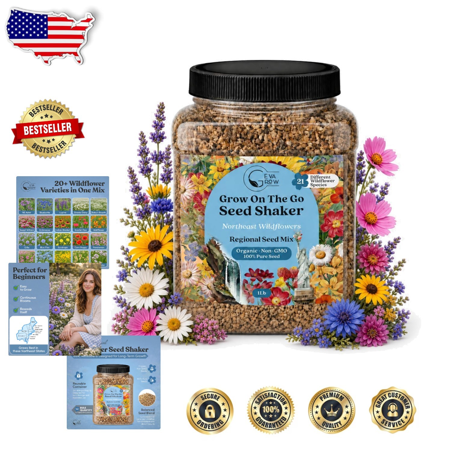 GeveGrow 1LB Northeast Wildflower Seeds – Organic, Natural Outdoor Garden Blend