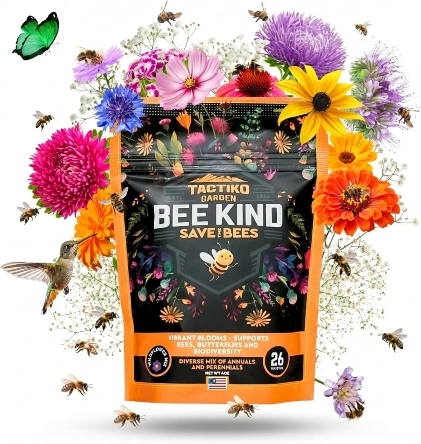 Tactiko Garden 26 Wildflower Seeds Mix, 120,000+ 4 Oz save the Bees Wildflower G