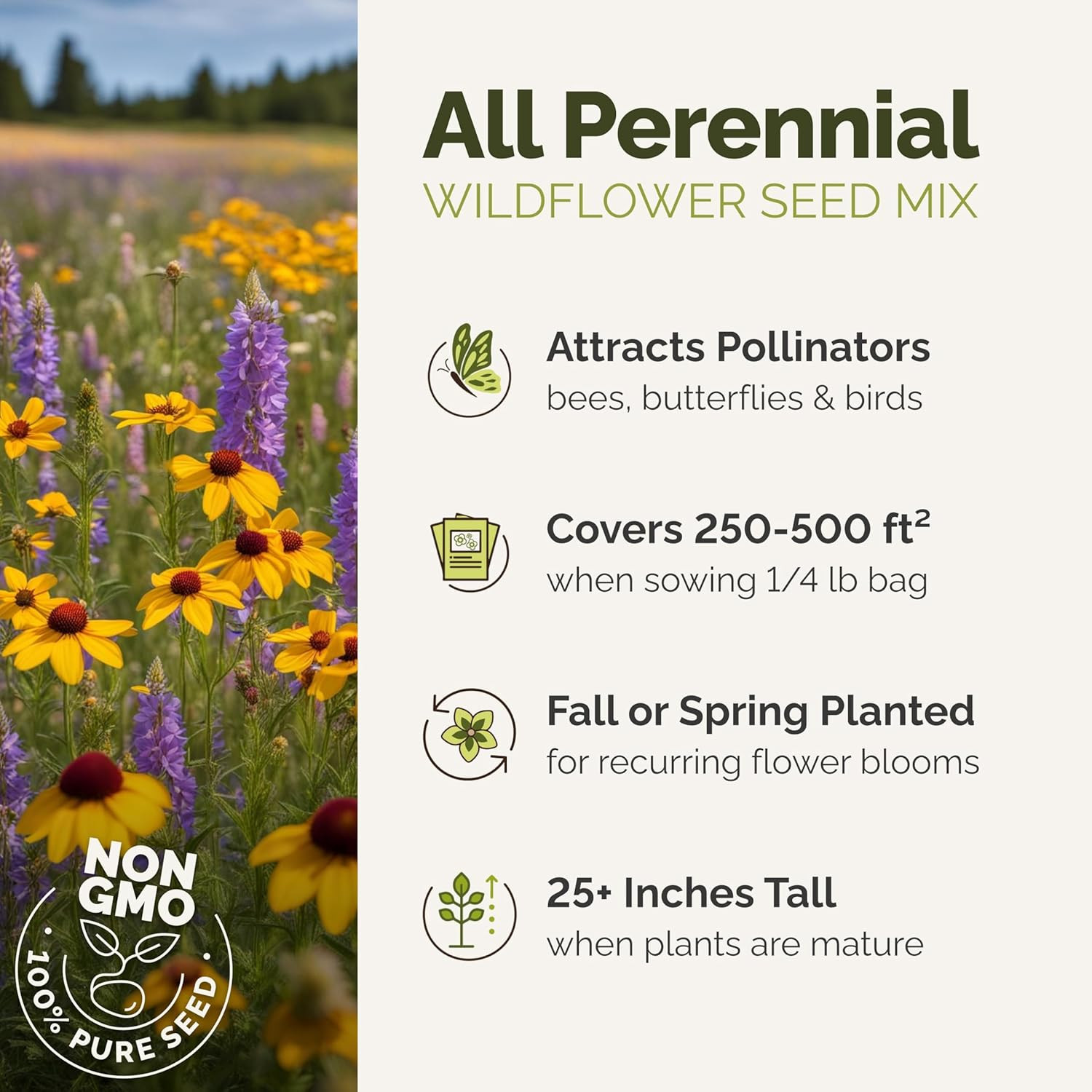 All Perennial Wildflower Mixed Seeds for Planting, 1/4 Lb, 120,000+ Seeds with L