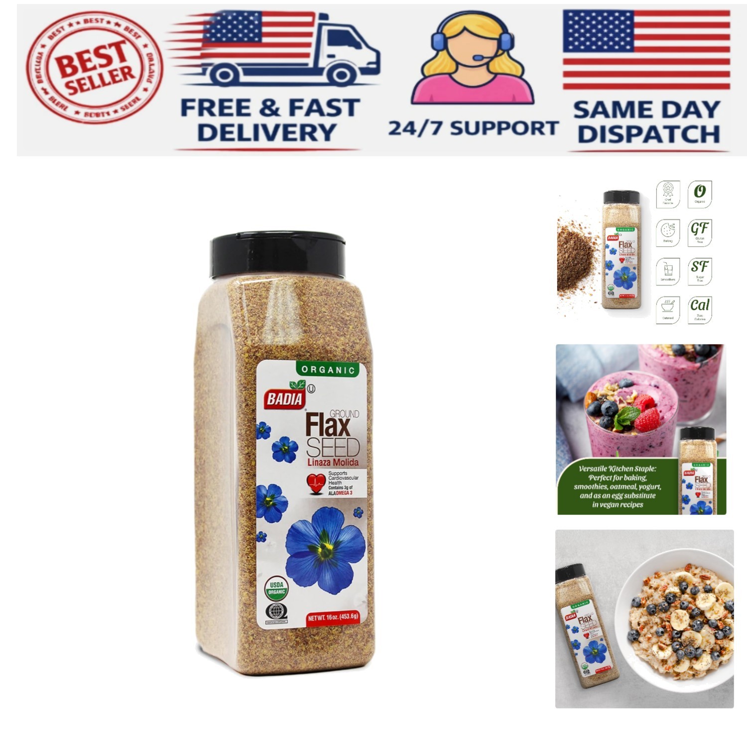 High-Fiber Organic Ground Flax Seed, 16 oz – Perfect for Smoothies & Baking