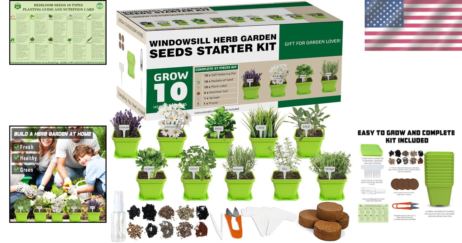 10 Herb Seeds Garden Starter Grow Kit with Green Pots, Markers, Nutritional S…