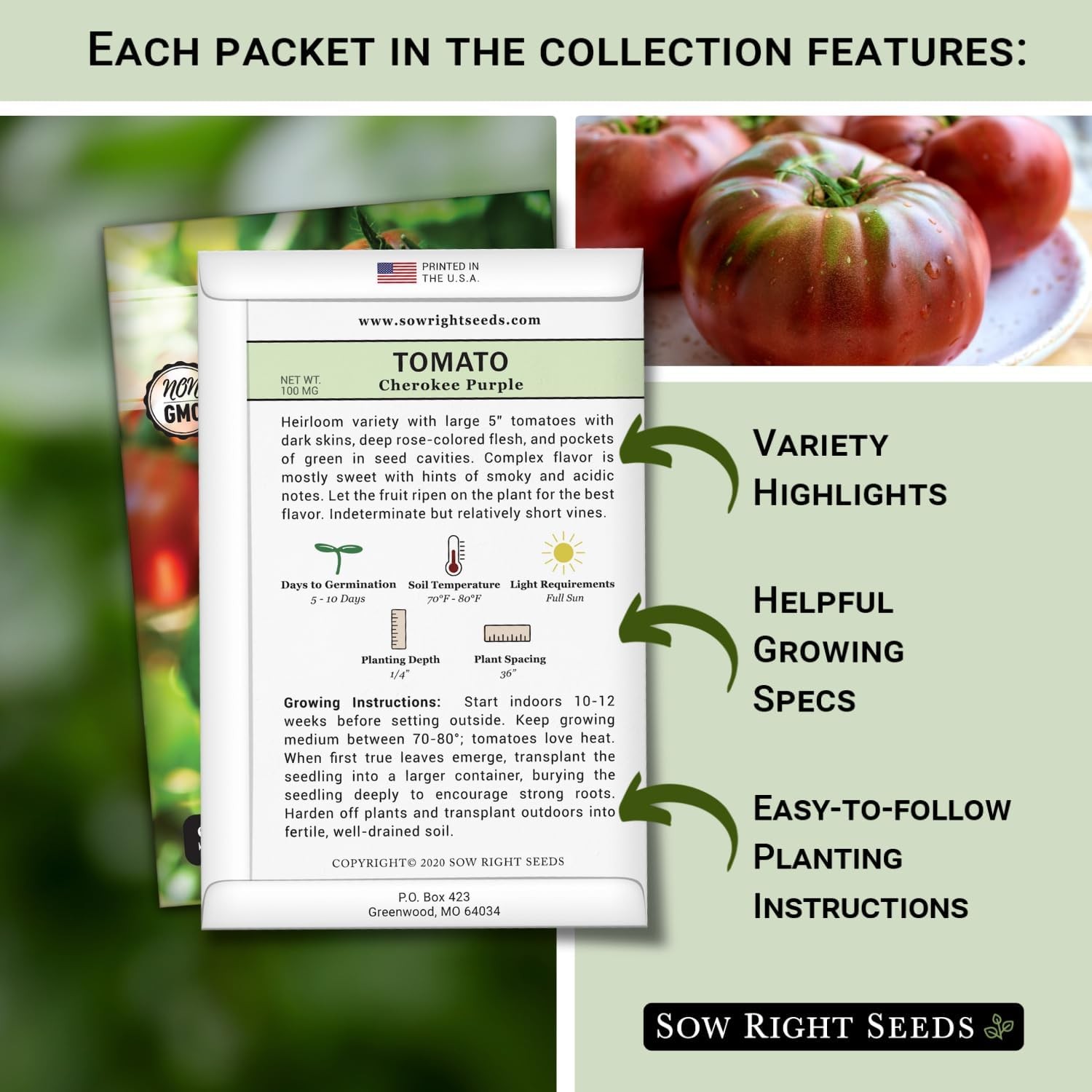 Sow Right Seeds – Classic Tomato Seed Collection for Planting – Cherokee Purple,