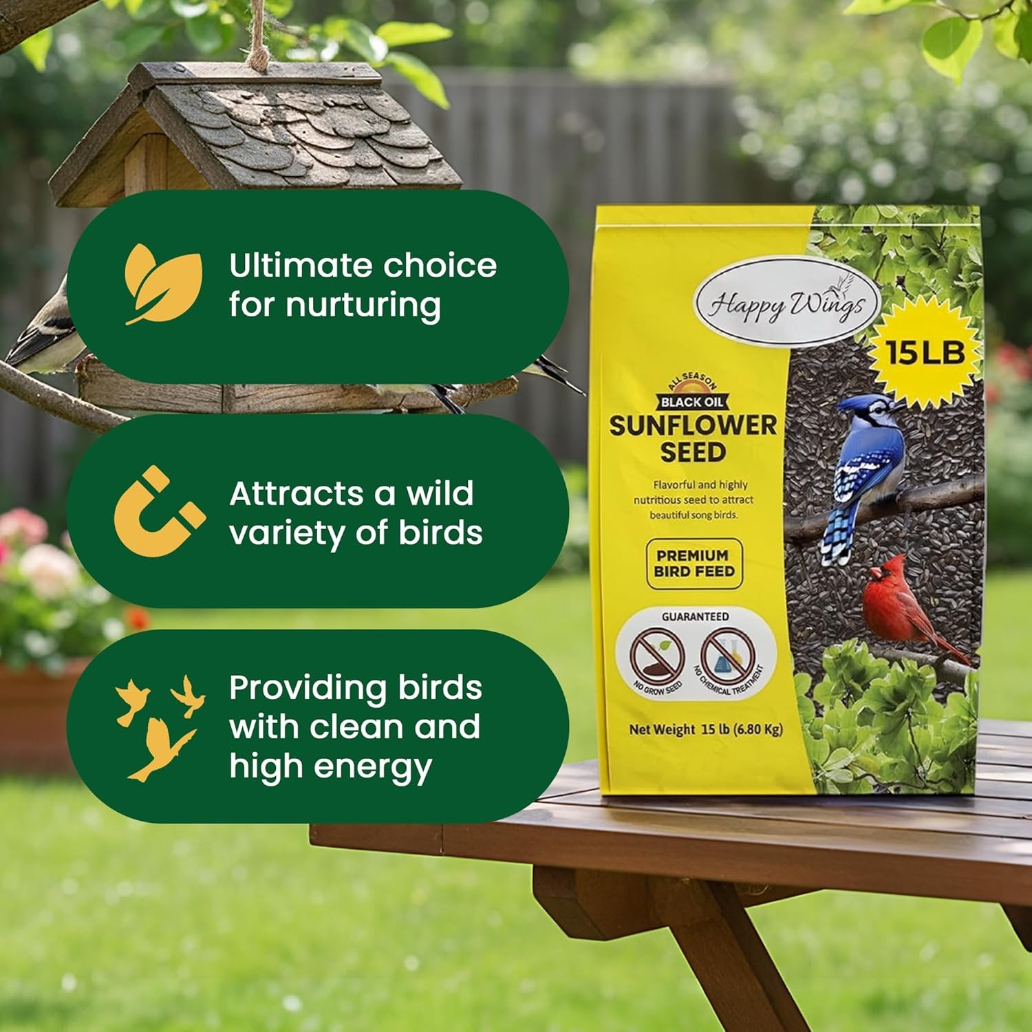 Wings Black Oil Sunflower Seeds Wild Bird Food- 15 Pounds | No Grow Seed | Bird