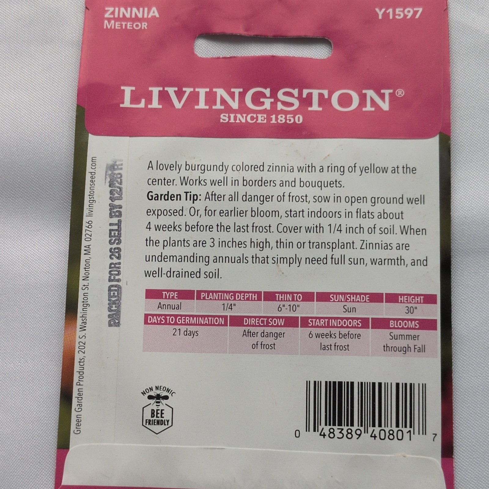 Livingston Zinnia Meteor Annual Burgundy Yellow Flower Seeds Full Sun Y1597