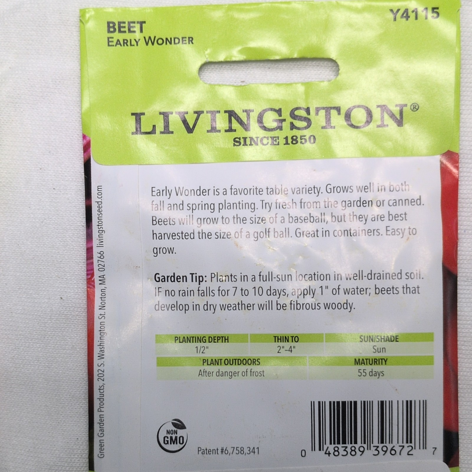 Livingston Beet Early Wonder Non-GMO Red Purple Full Sun 55 Days Y4115