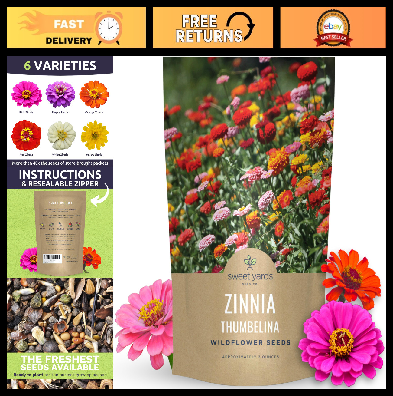 Zinnia Thumbelina Mix – 10,000 Flower Seeds for Planting – Bulk 2 oz Pouch