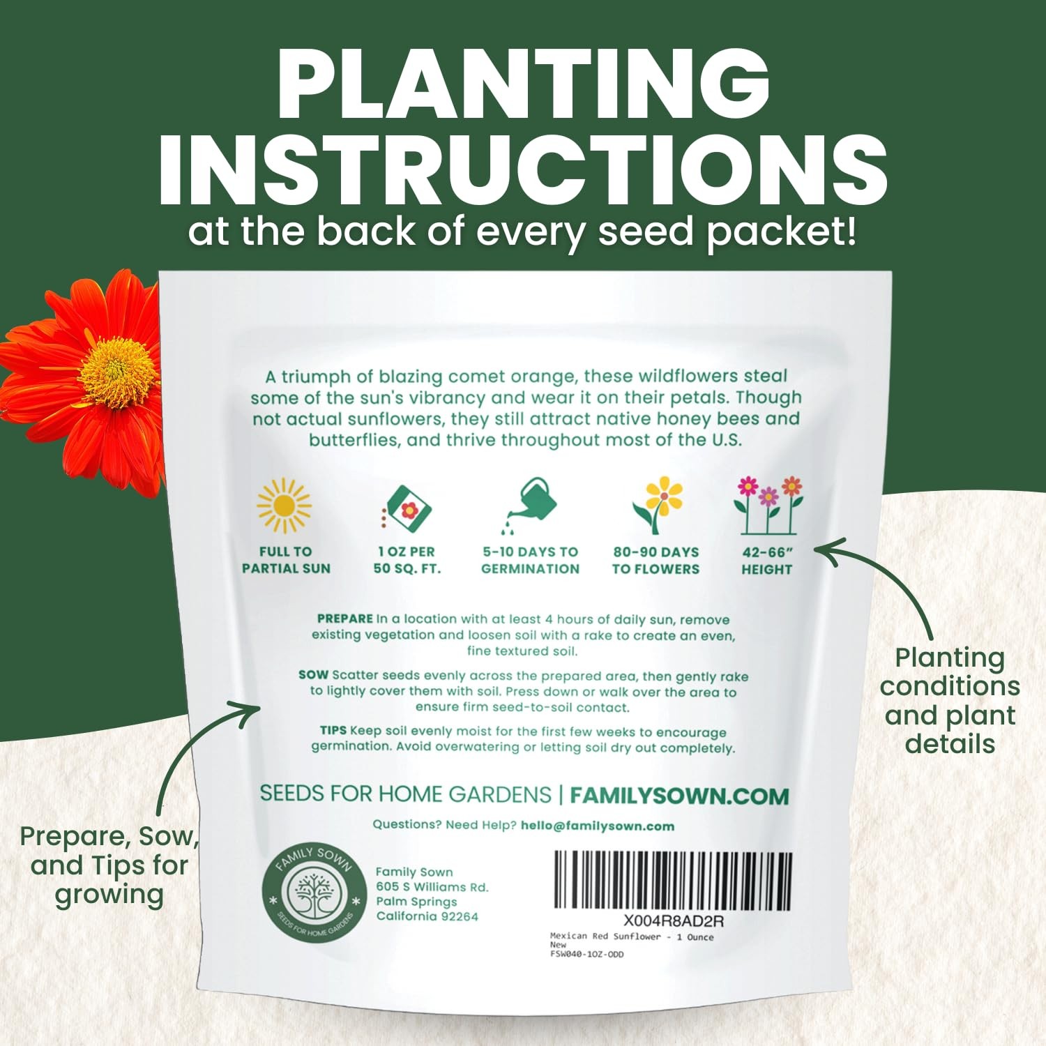 Mexican Sunflower Seeds Red 2000 Planting 1 Ounce 2026 Garden Blooms