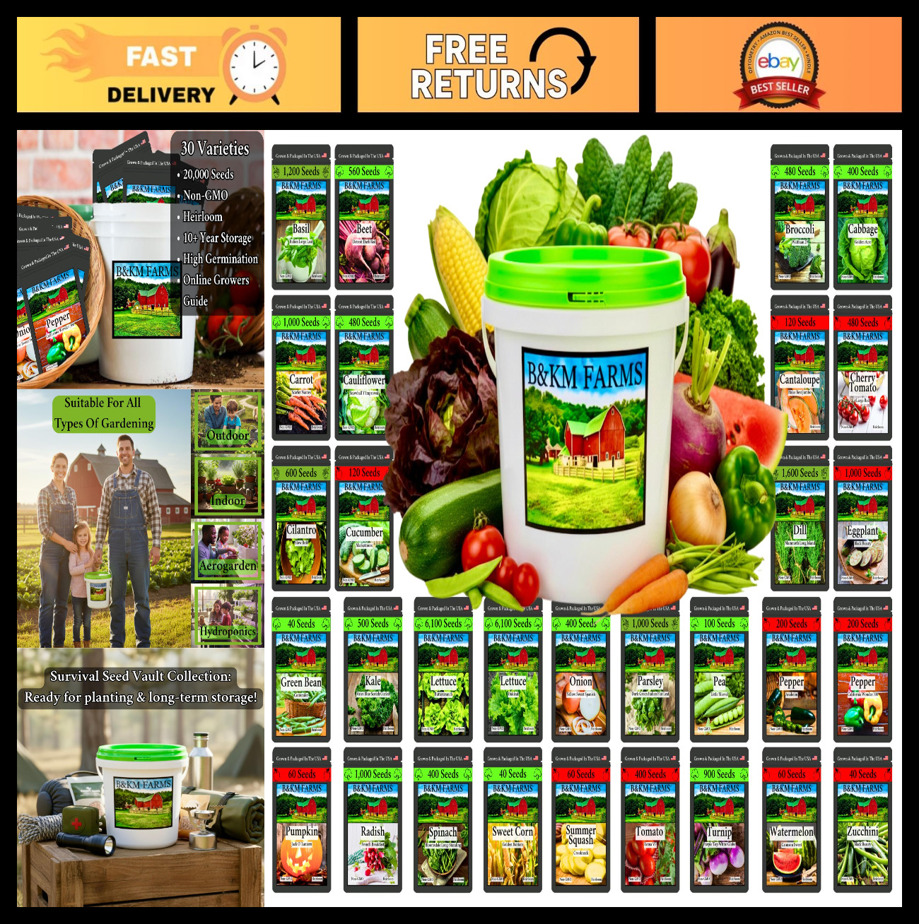 Beginner Survival Seed Vault – 20,000+ Heirloom & Non-GMO Seeds, 30 Easy Grow Va