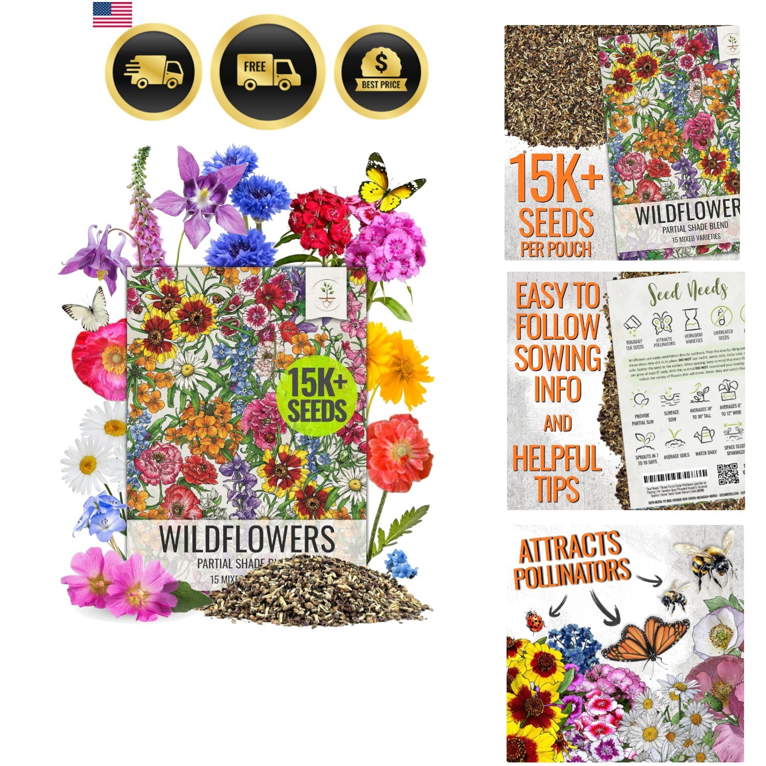 Wildflower Seeds Mix for Partial Shade Bulk Open Pollinated 1 Ounce
