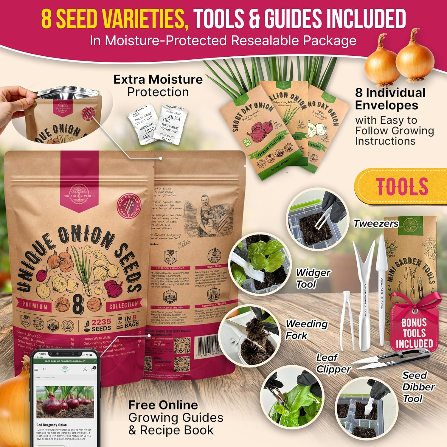 8 Onion Seeds Variety Pack Heirloom, Non-Gmo, Sets for Indoors, Outdoors Gardeni