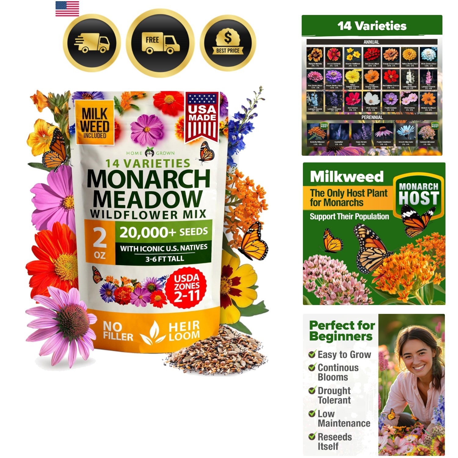 Pollinator Wildflower Seeds Mix 20000 Seeds Monarch Butterflies Nectar Flowers