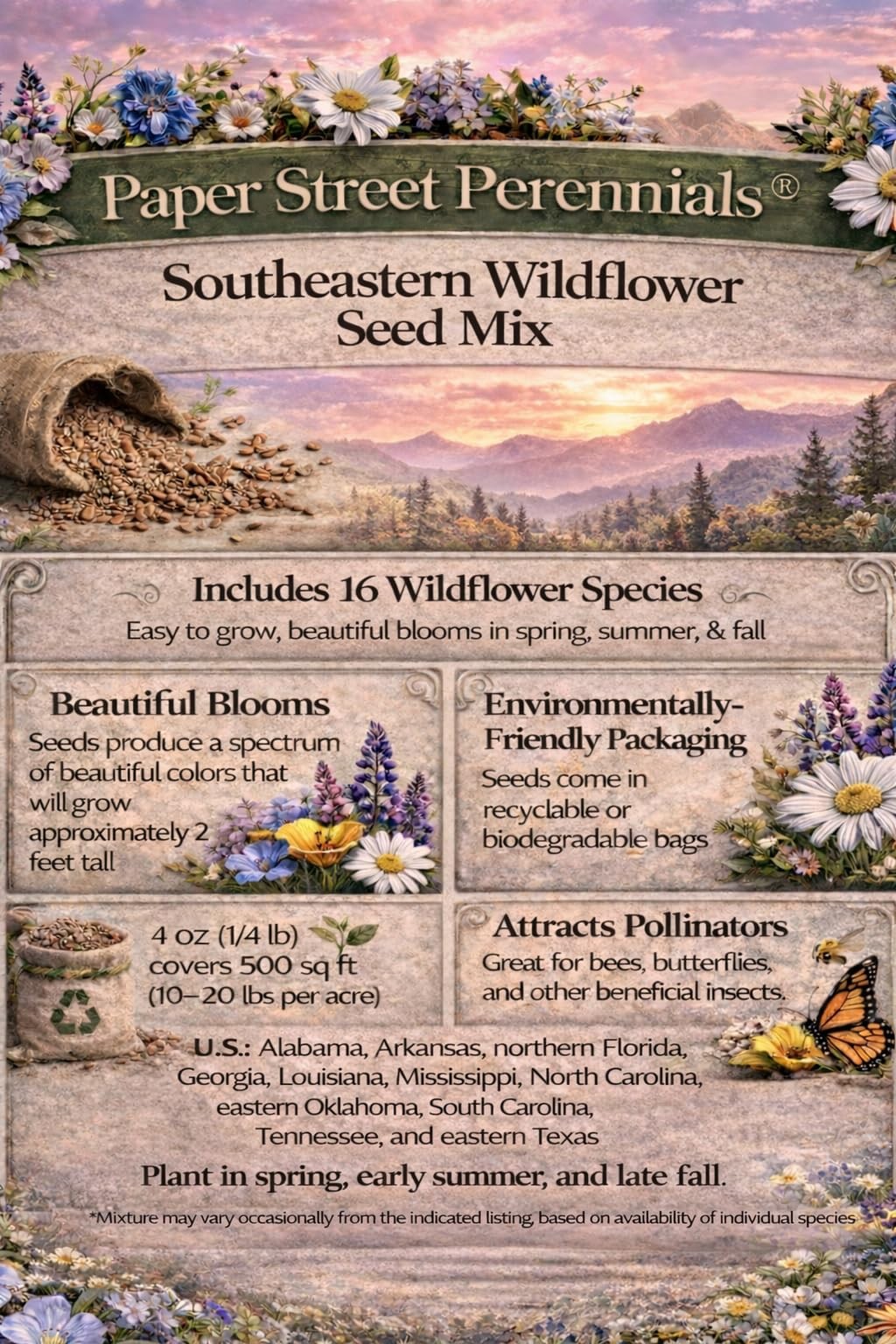 Alabama Bulk Perennial and Annual Non-GMO Wildflower Seed Mix 1/4lb Covers 50…