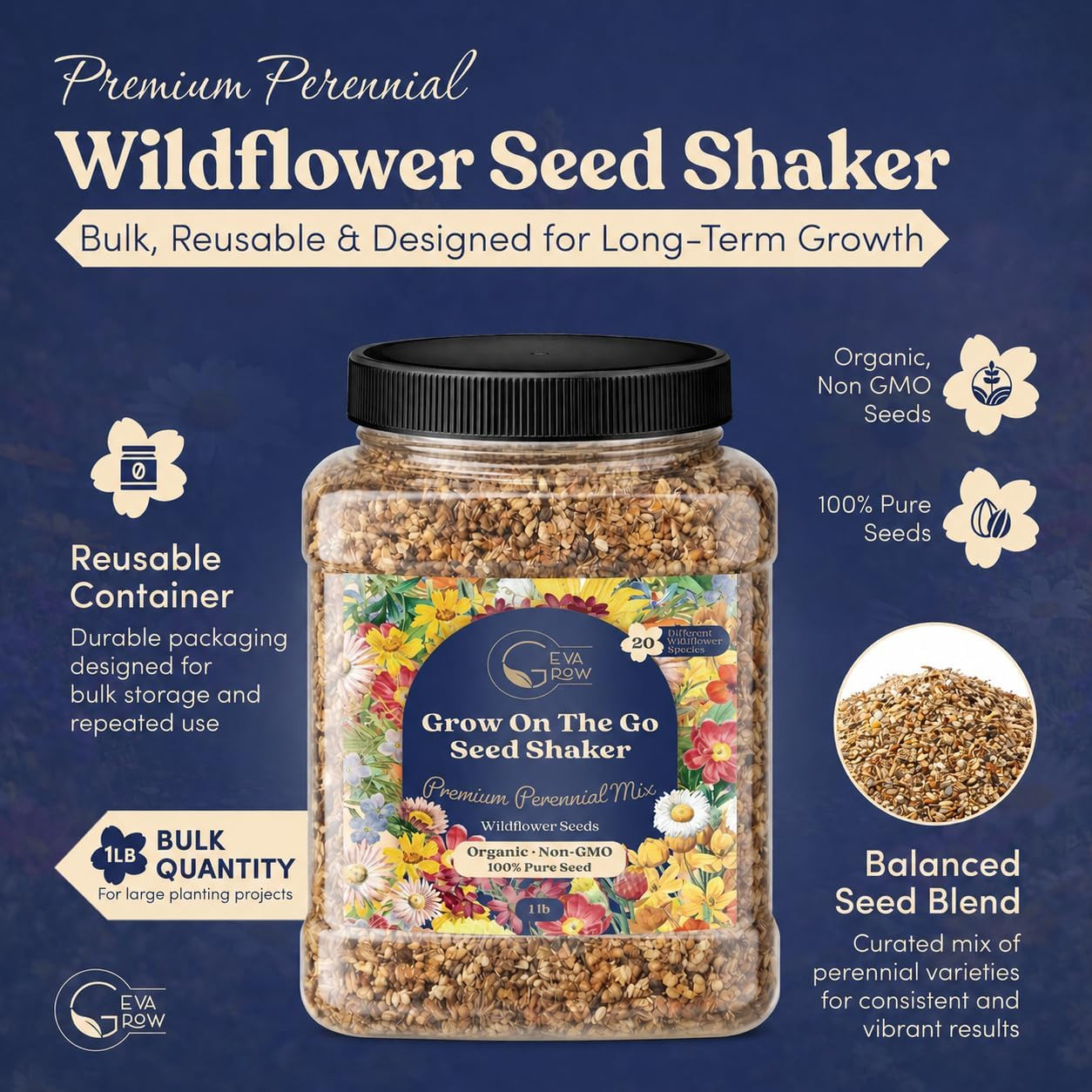 Bulk Wildflower Seed Shaker – Perennial Flower Seeds Mix to Plant Anywhere, by G