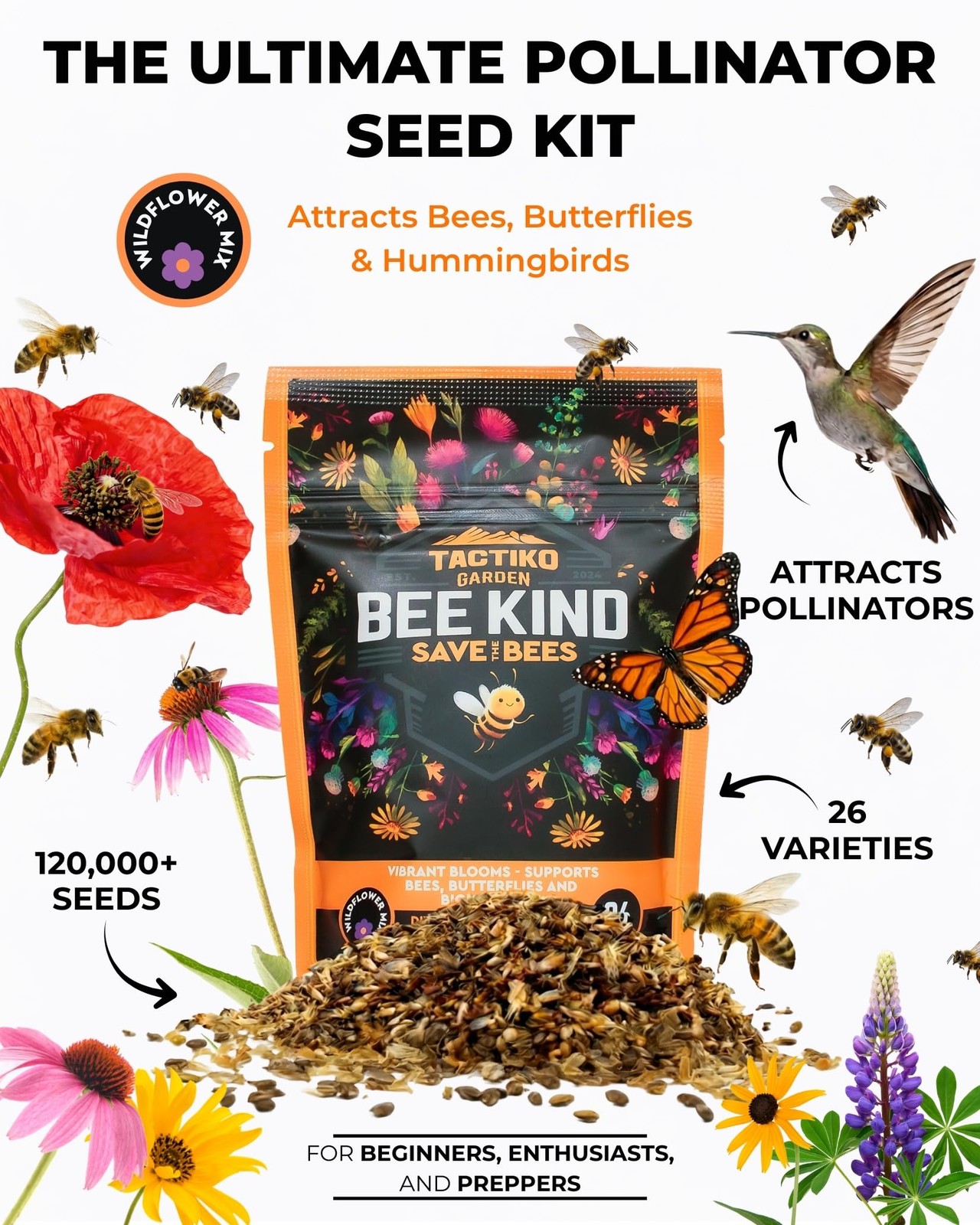 Tactiko Garden 26 Wildflower Seeds Mix, 120,000+ 4 oz Save the Bees Wildflowe…