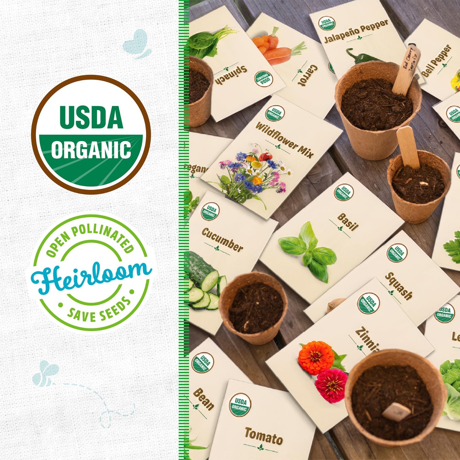 Heirloom Organic Seed Variety Pack – 30ct of Veggies, Herbs & Flowers, Eco-Frien