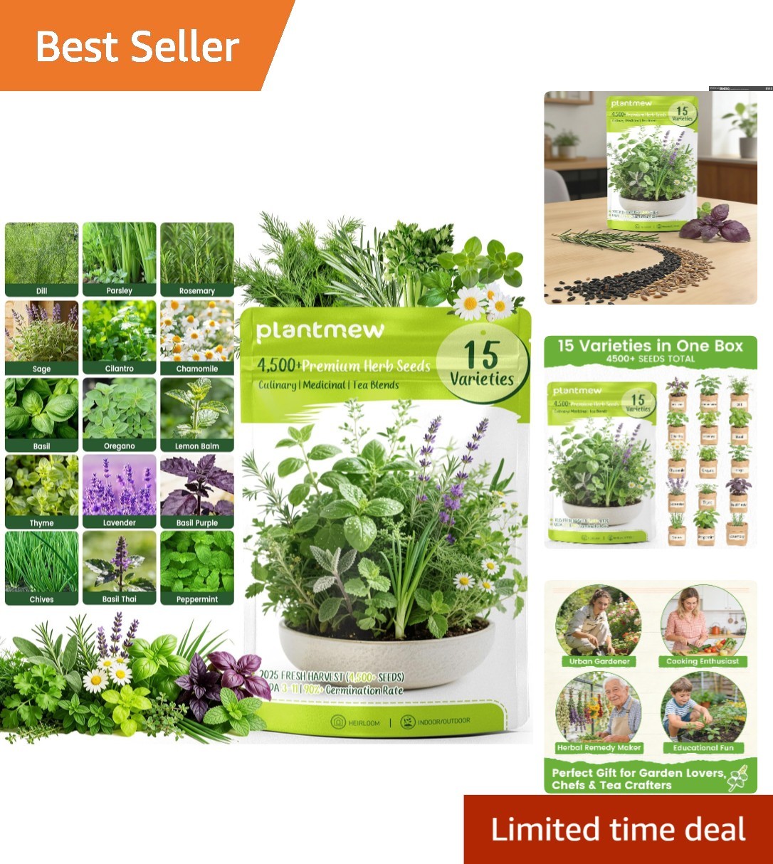 15-Pack Heirloom Herb Seeds – 4,500+ Non-GMO Seeds for Culinary & Healing Use