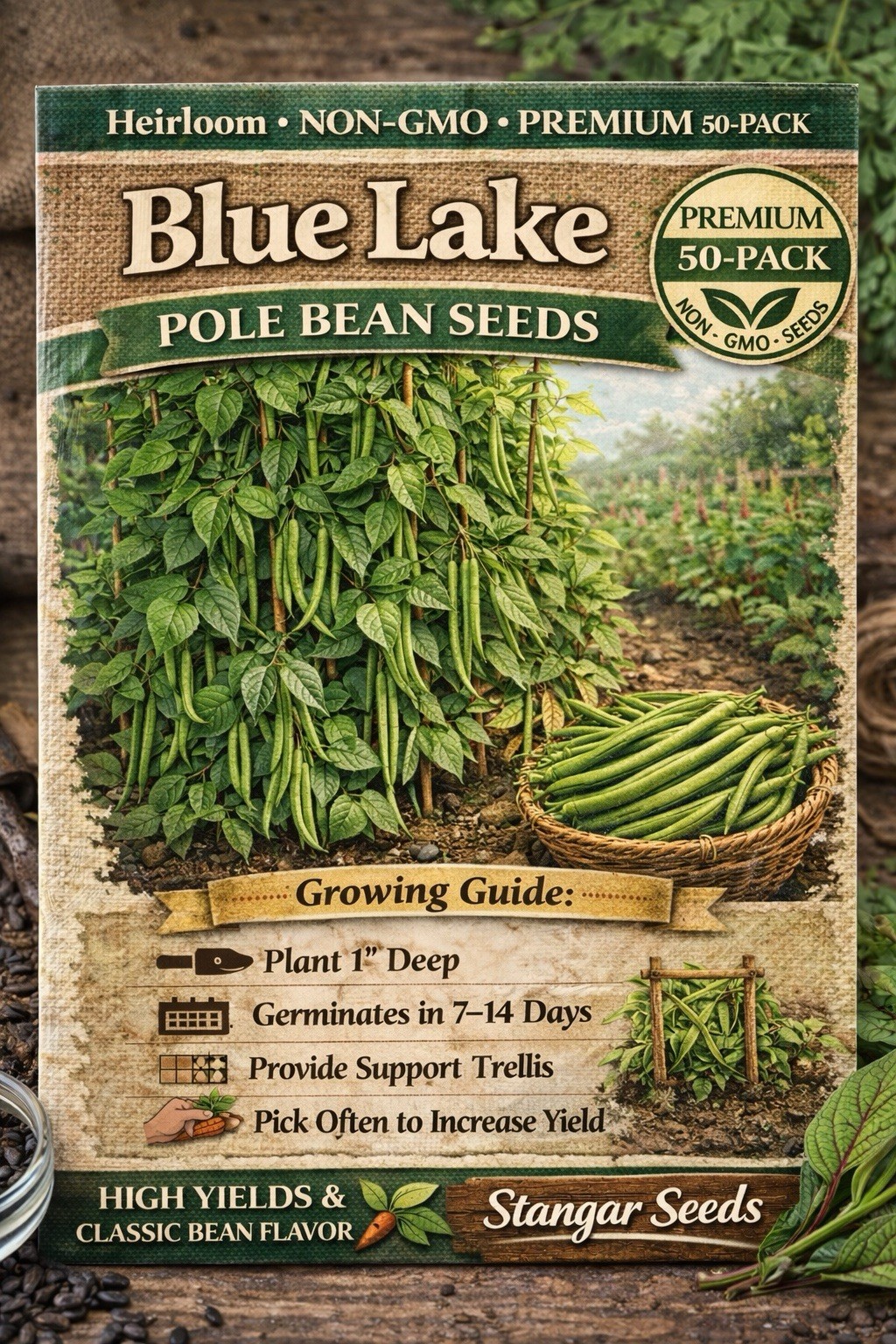 Blue Lake Pole Bean Seeds Heirloom Non-GMO Premium 50-Pack 2026