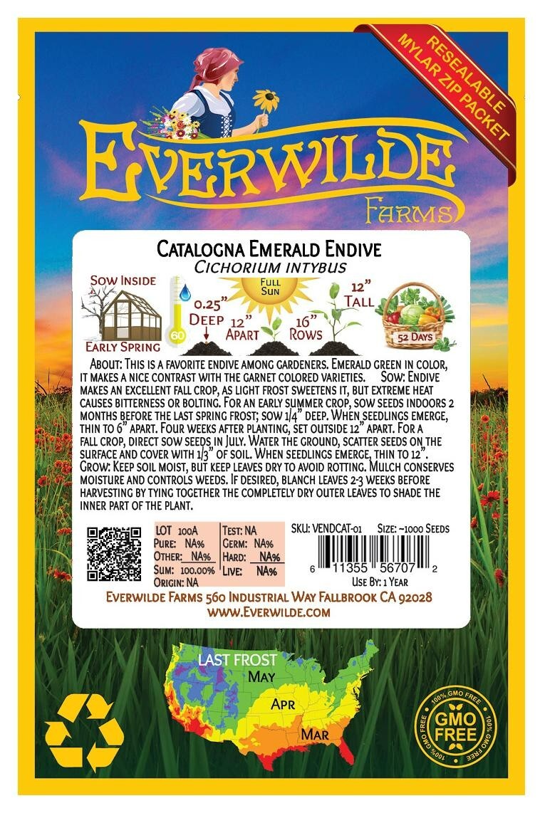 1000 Catalogna Emerald Endive Seeds – Everwilde Farms Mylar Seed Packet