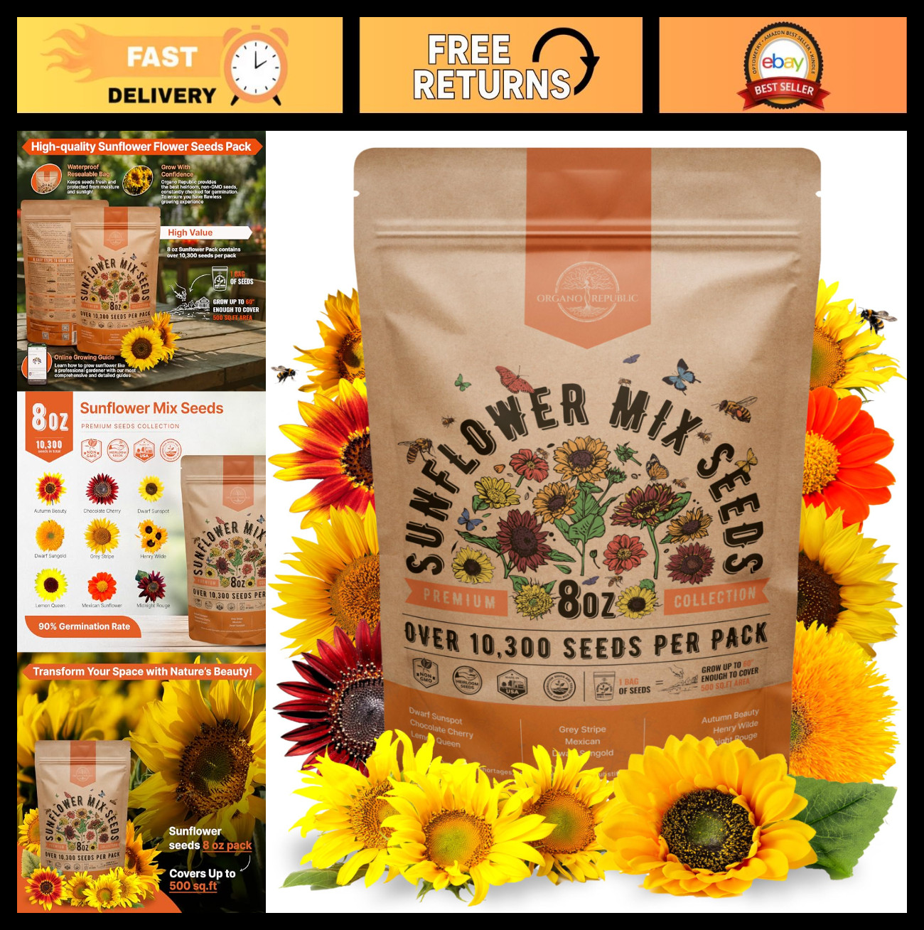 Non-GMO Heirloom Sunflower Seeds 8 oz – 10,300+ Seeds for Planting, Annual Flowe
