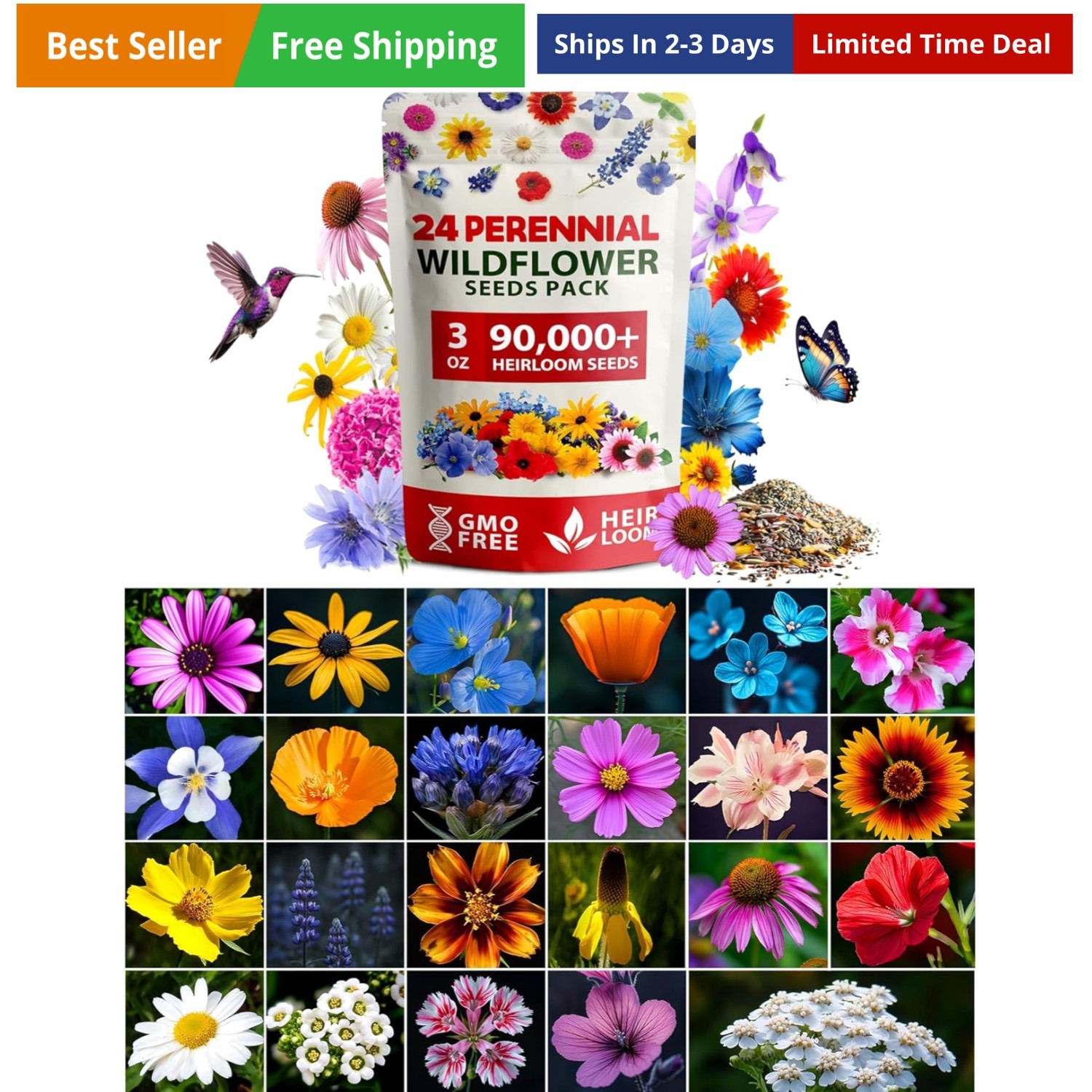 90,000+ Wildflower Seeds Mix 3oz 24 Varieties Non-GMO Perennial Flower Seeds …