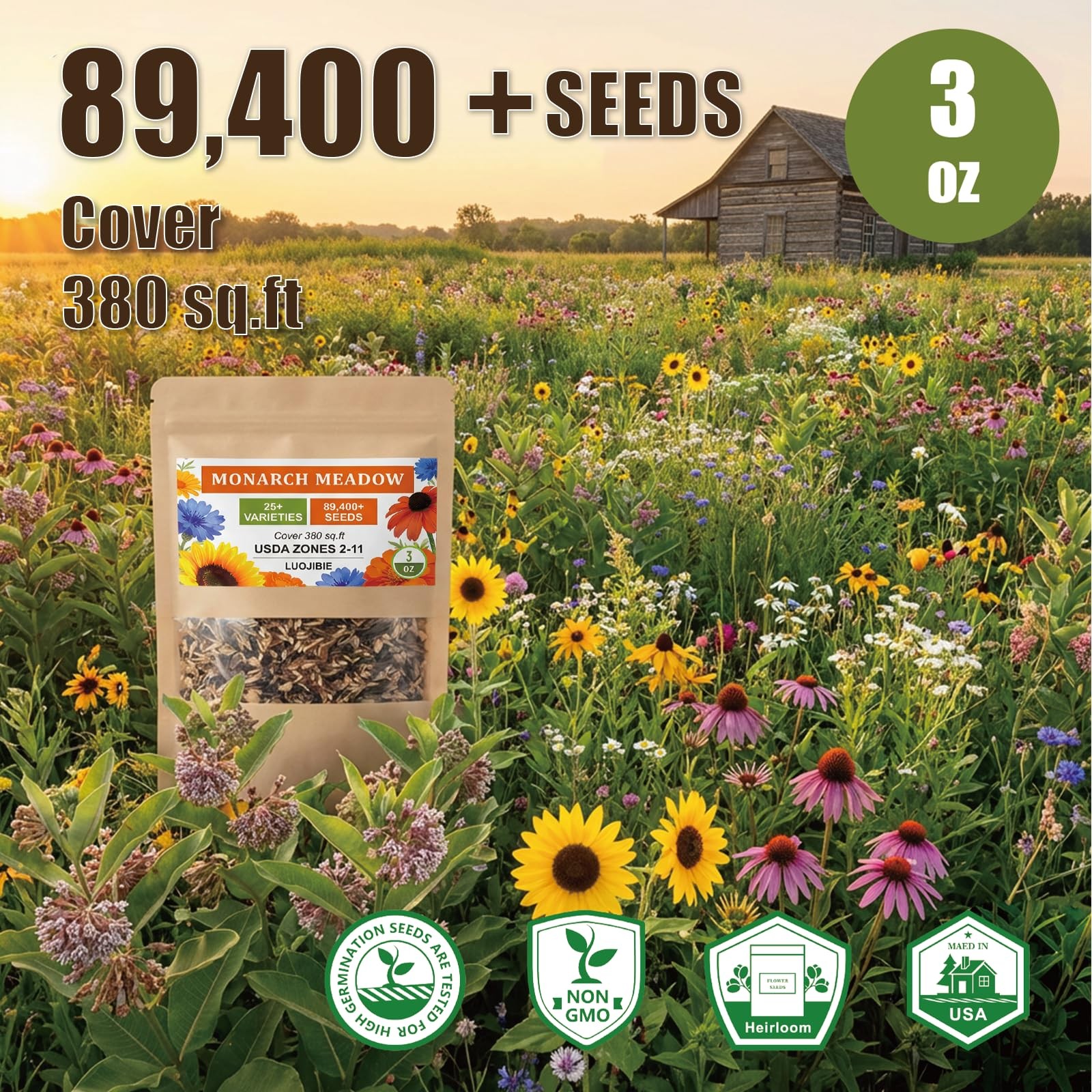 Wildflower Seed Mix 89,400+ NonGMO Seeds for Pollinator Gardens 25