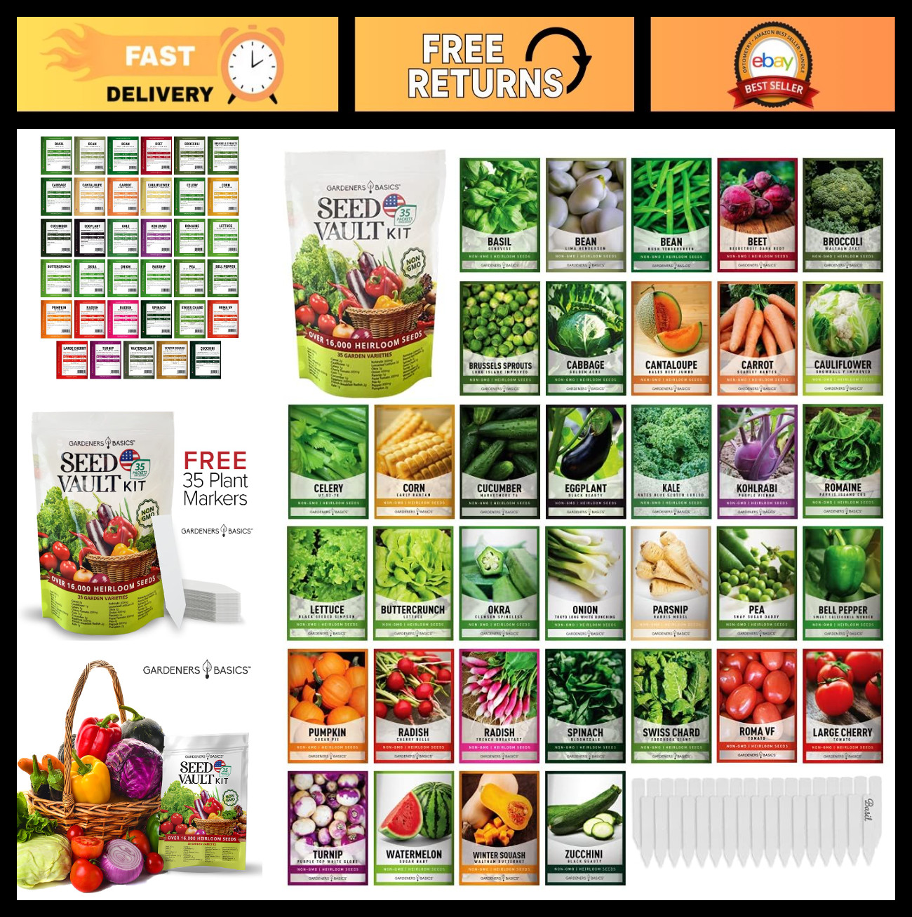 Survival Vegetable Seed Kit – 16,000+ Non-GMO Heirloom Seeds, 35 Varieties & Mar