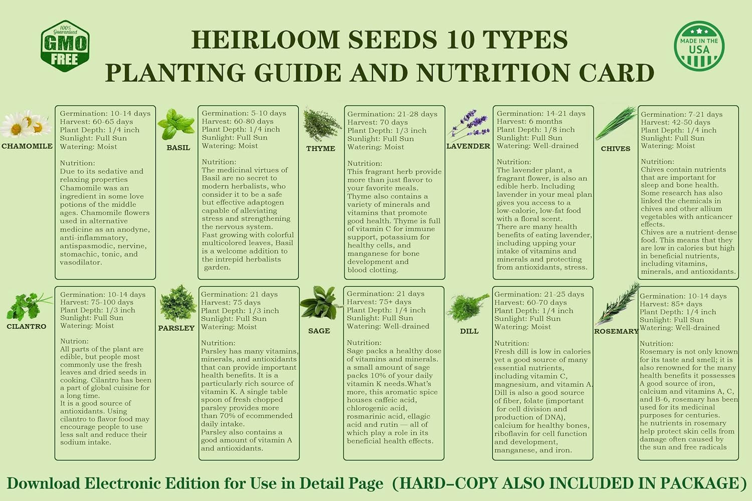 10 Herb Seeds Garden Starter Grow Kit with Green Pots, Markers, Nutritional Soil