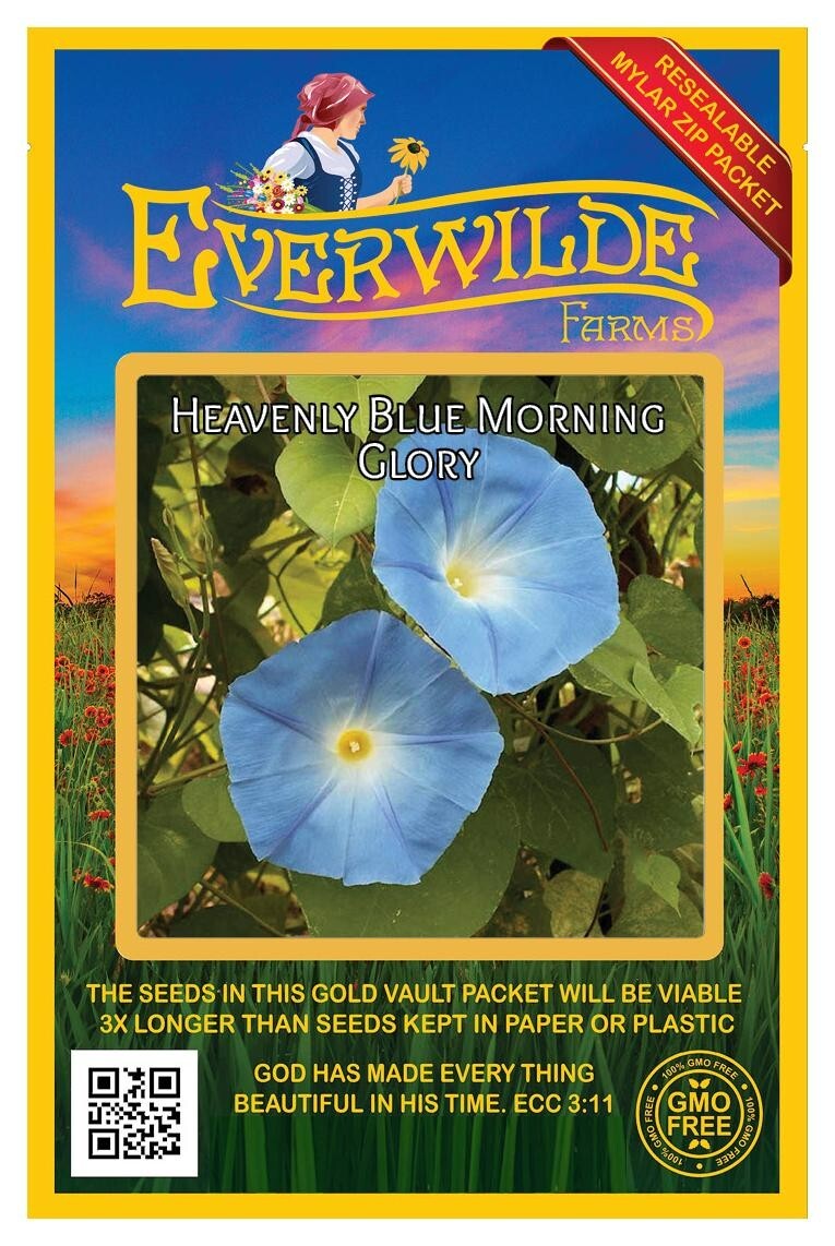 50 Heavenly Blue Morning Glory Wildflower Seeds – Everwilde Farms Mylar Packet