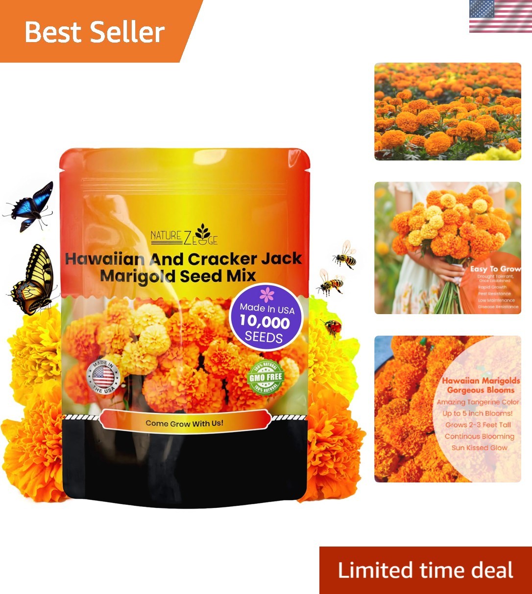 Bulk 1 Oz Marigold Seeds – Cracker Jack & Hawaiian for Stunning Garden Displays