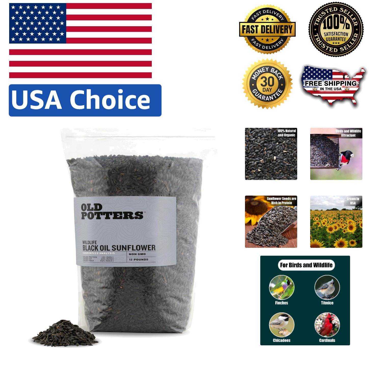 Wildlife-Grown Non-GMO Black Oil Sunflower Seeds – 12 lbs of Pure Bird Nutrition
