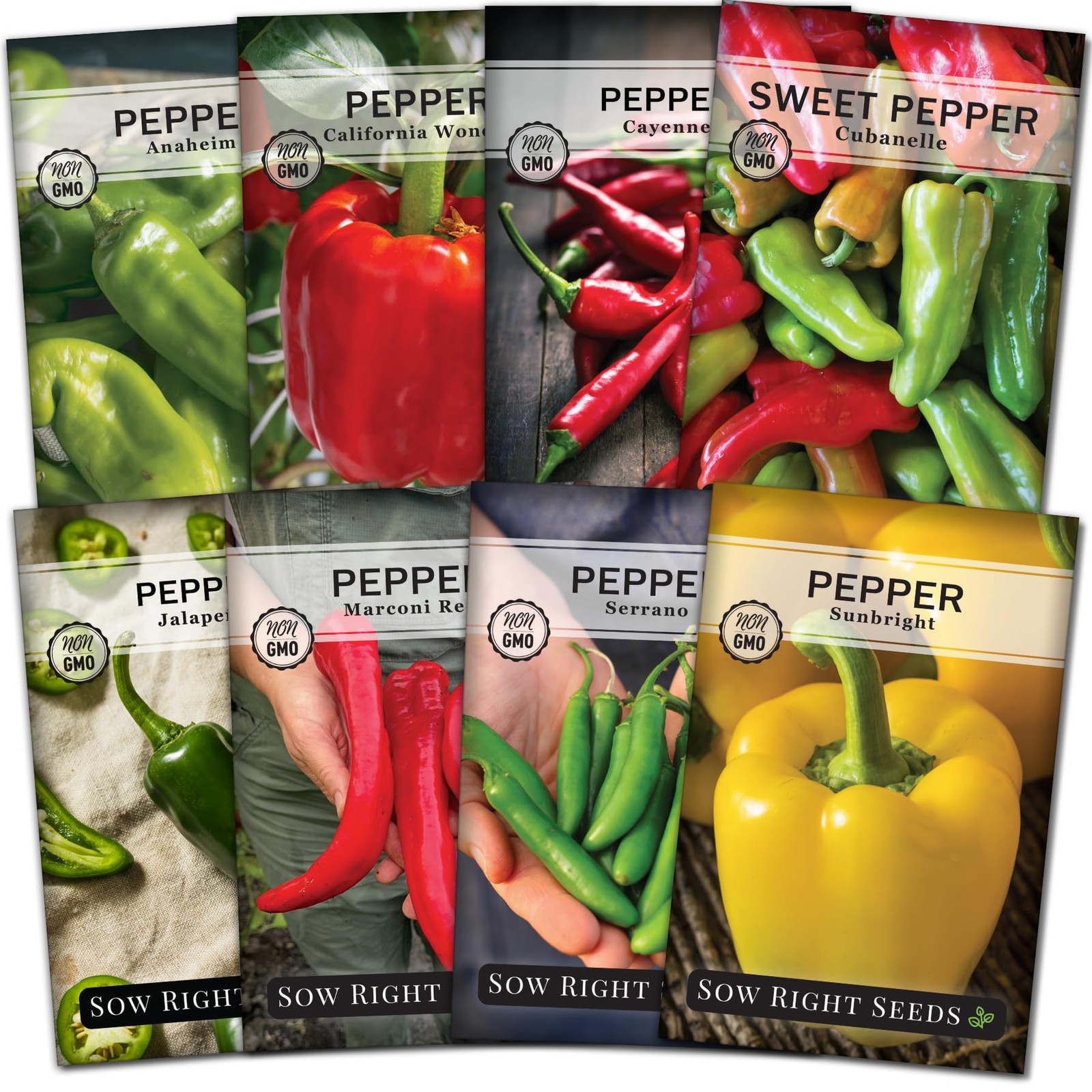 8 Pepper Seed Collection NonGMO Heirloom Sweet & Hot Varieties for Planting