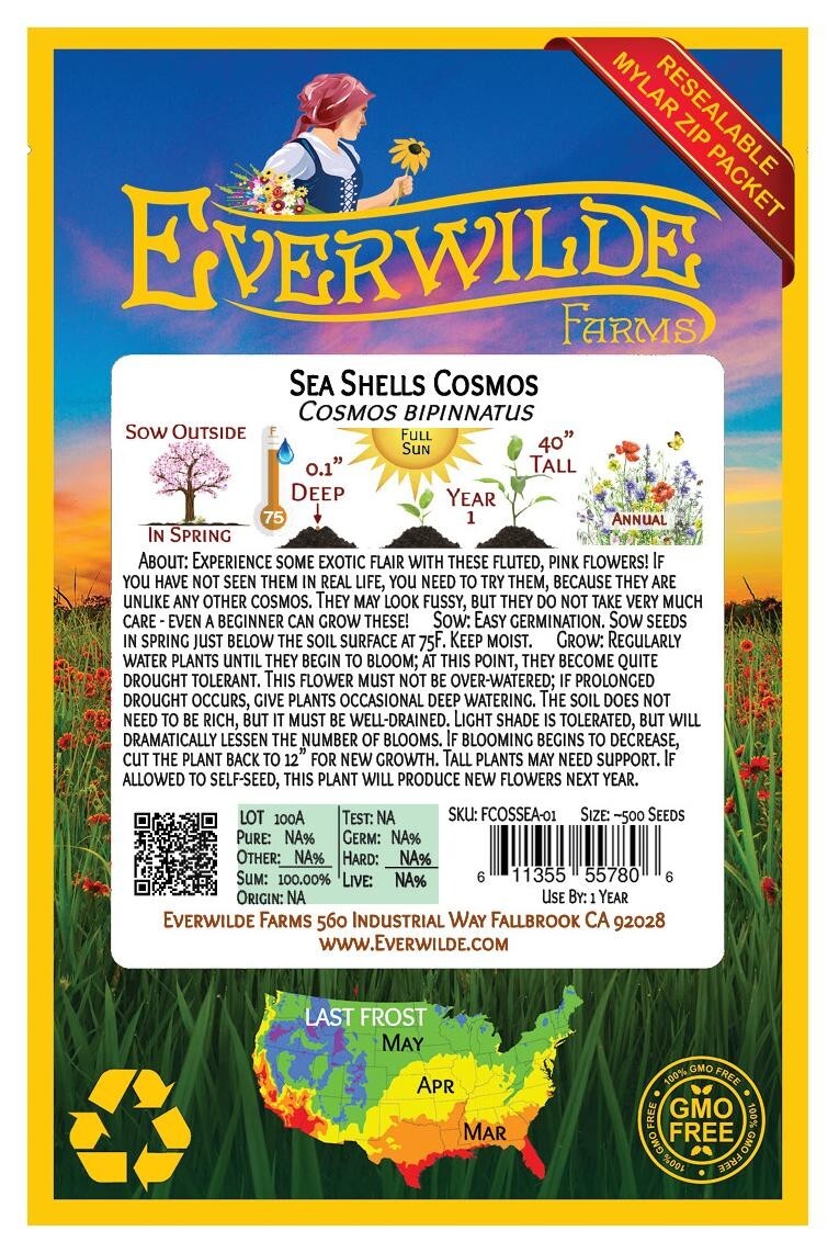 1 Oz Sea Shells Cosmos Wildflower Seeds – Everwilde Farms Mylar Seed Packet