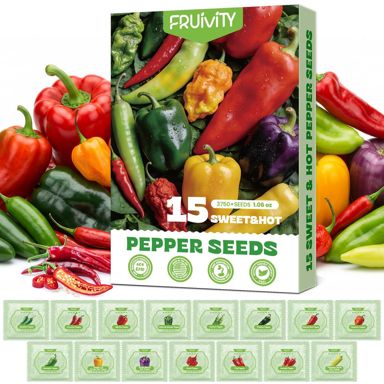 15 Sweet & Hot Peppers Seeds Variety Pack Jalapeño, Serrano, Cayenne, Bell, H…