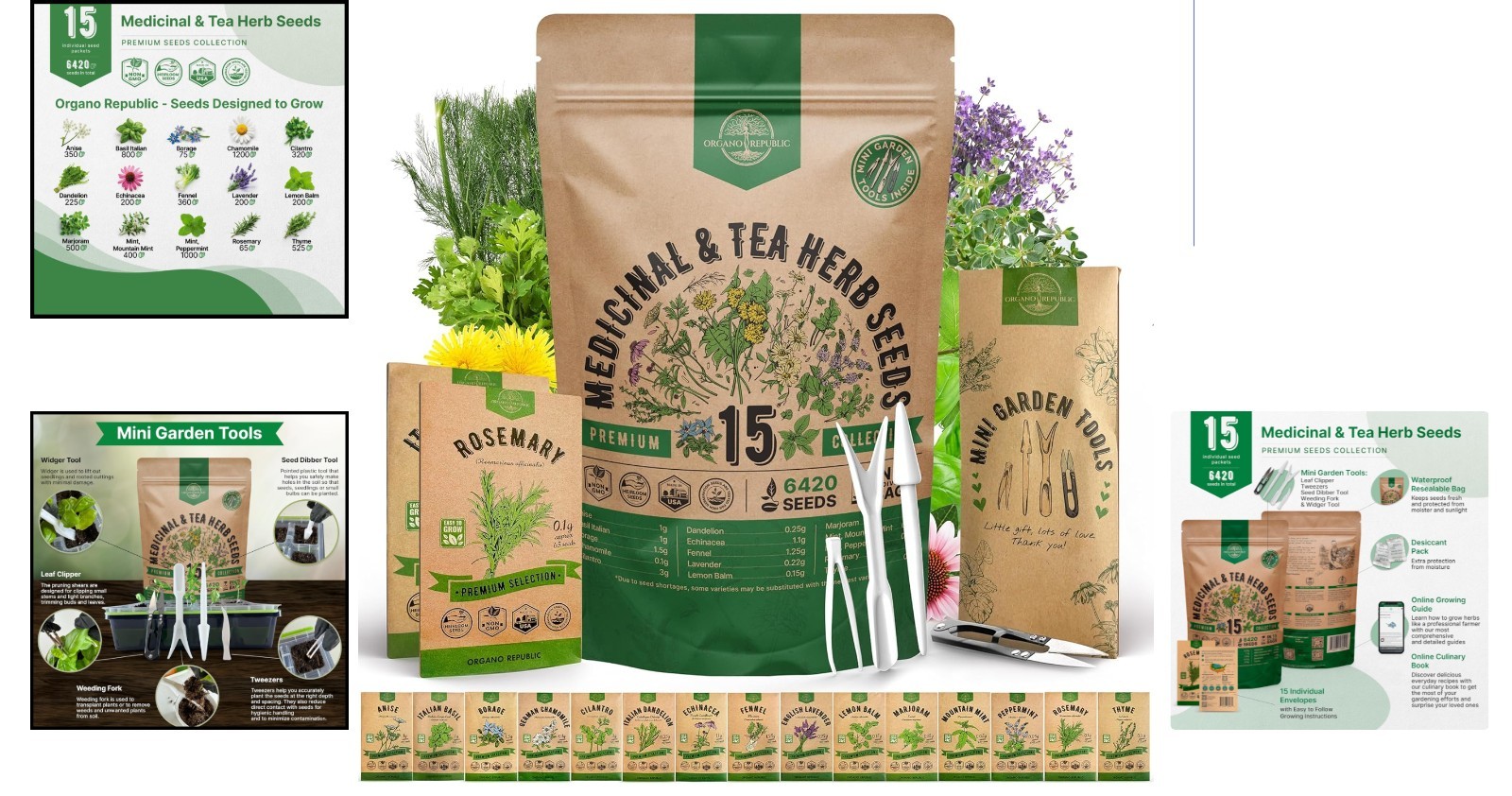 Heirloom 15-Craft Medicinal Herb Seeds Set with Gardening Tools & Growing Guide