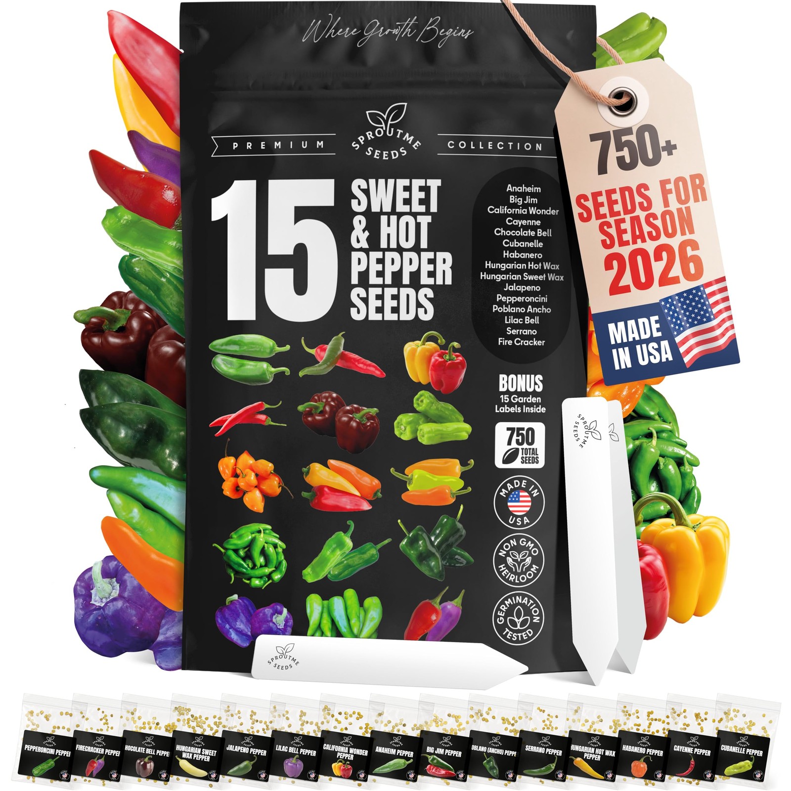 Sweet & Hot Pepper Seeds Variety Pack – 15 Varieties Mixed Heat Garden Collec…