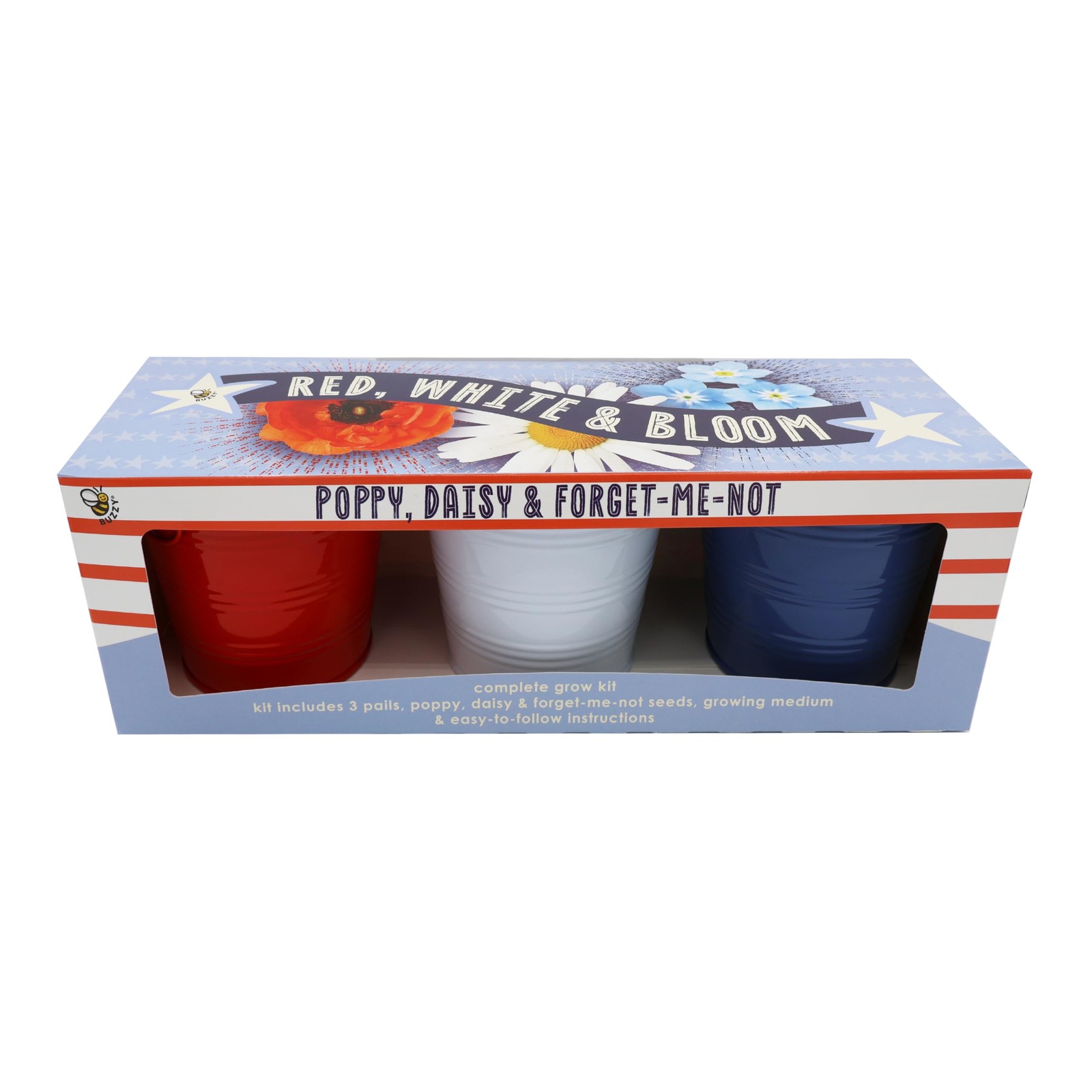 Seeds Americana Grow Kit 3-Pack – Red White and Blue Pails with Daisies, Popp…