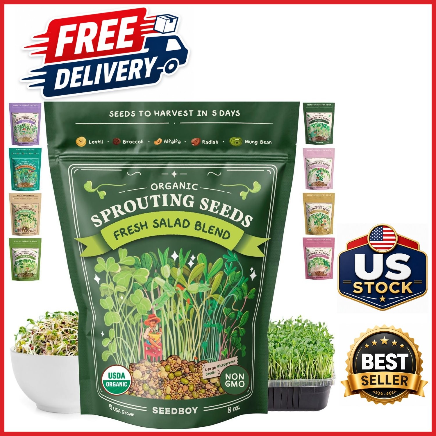 Grow Organic Microgreens Salad Blend Seeds – Alfalfa, Broccoli, Radish Mix
