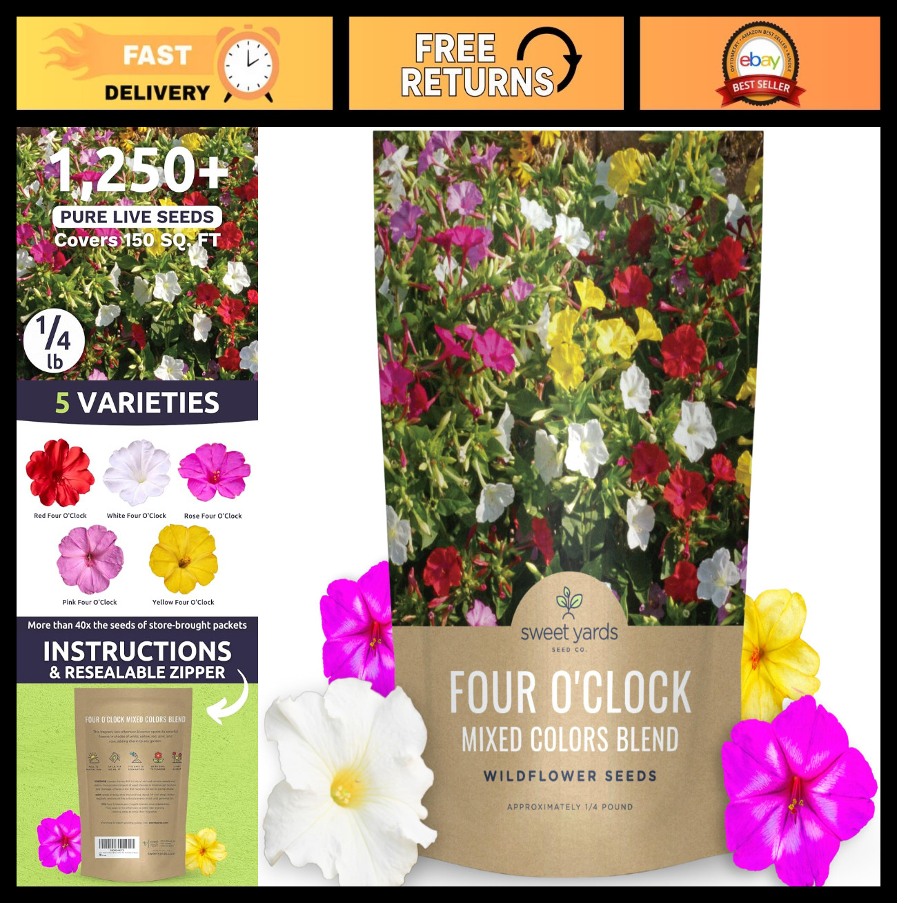 Mixed Color Flower Seeds – 1/4 lb Bulk Pouch – 1,250 Mirabilis Jalapa Seeds for