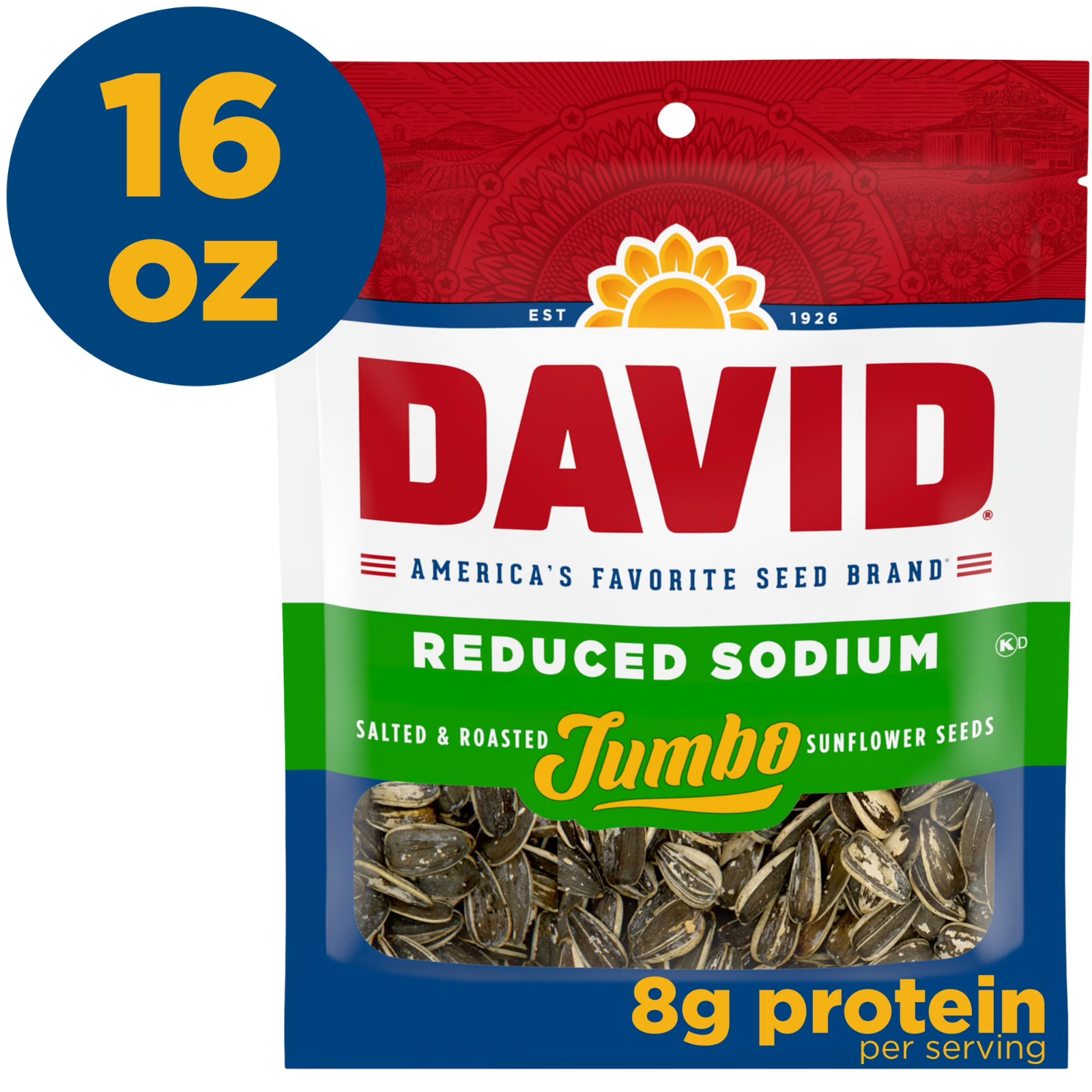 (3 Pack) DAVID Reduced Sodium Jumbo Sunflower Seeds, 16 Oz